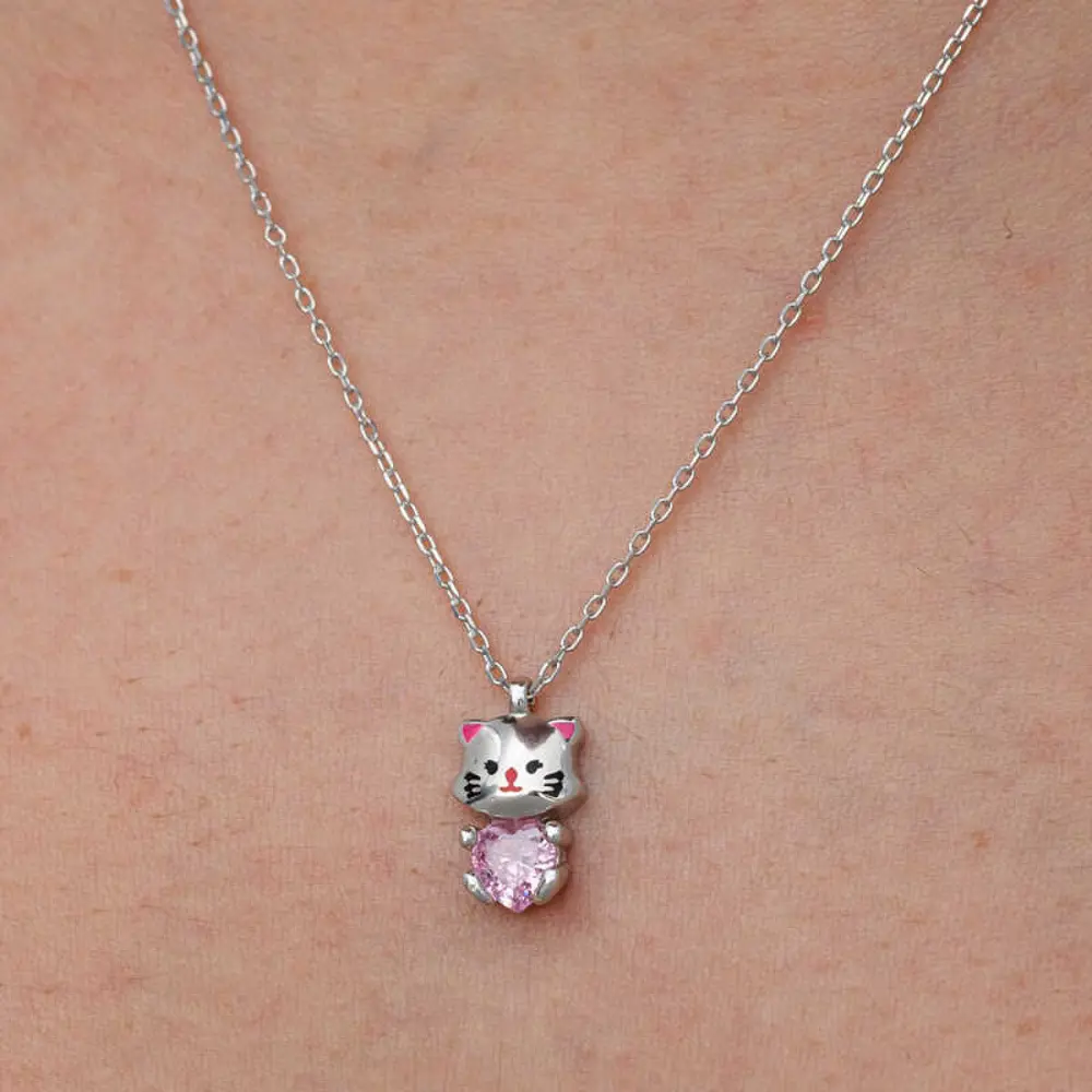 Lucky Life Gümüş Pembe Taşlı Sevimli Kedi Kadın Kolye