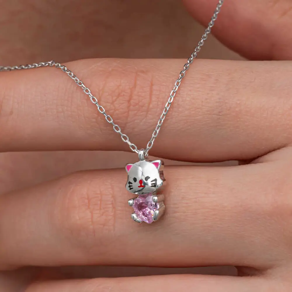 Lucky Life Gümüş Pembe Taşlı Sevimli Kedi Kadın Kolye