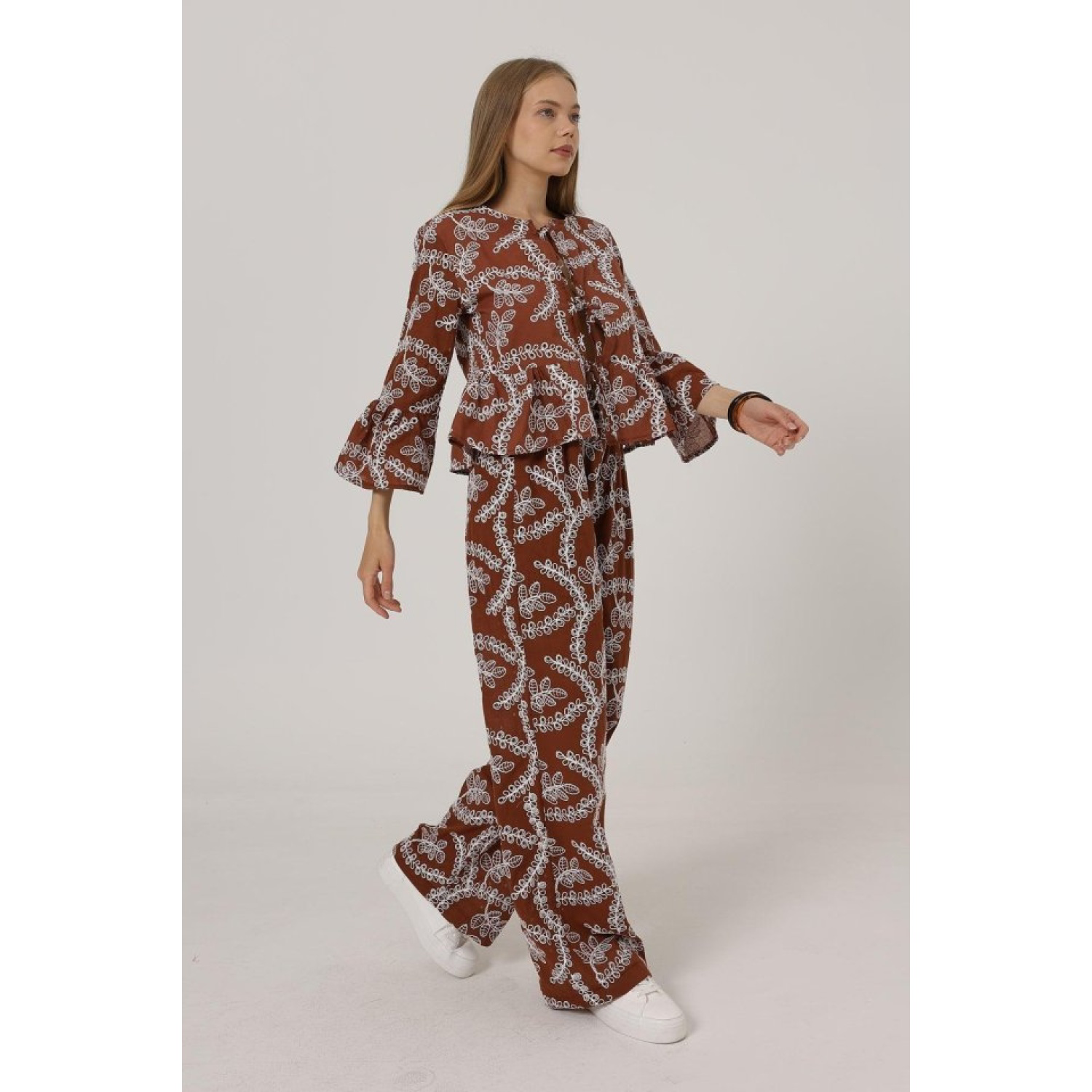 Lucky Life Kadın İşlemeli Oversize Pantolon - Kahve