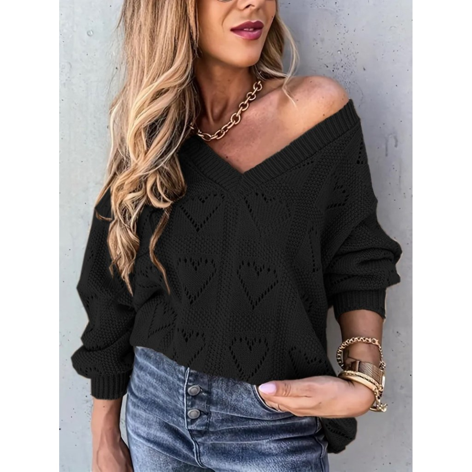 Lucky Life Kadın Uzun Kollu V Yakalı Kalpli Salaş Triko Bluz