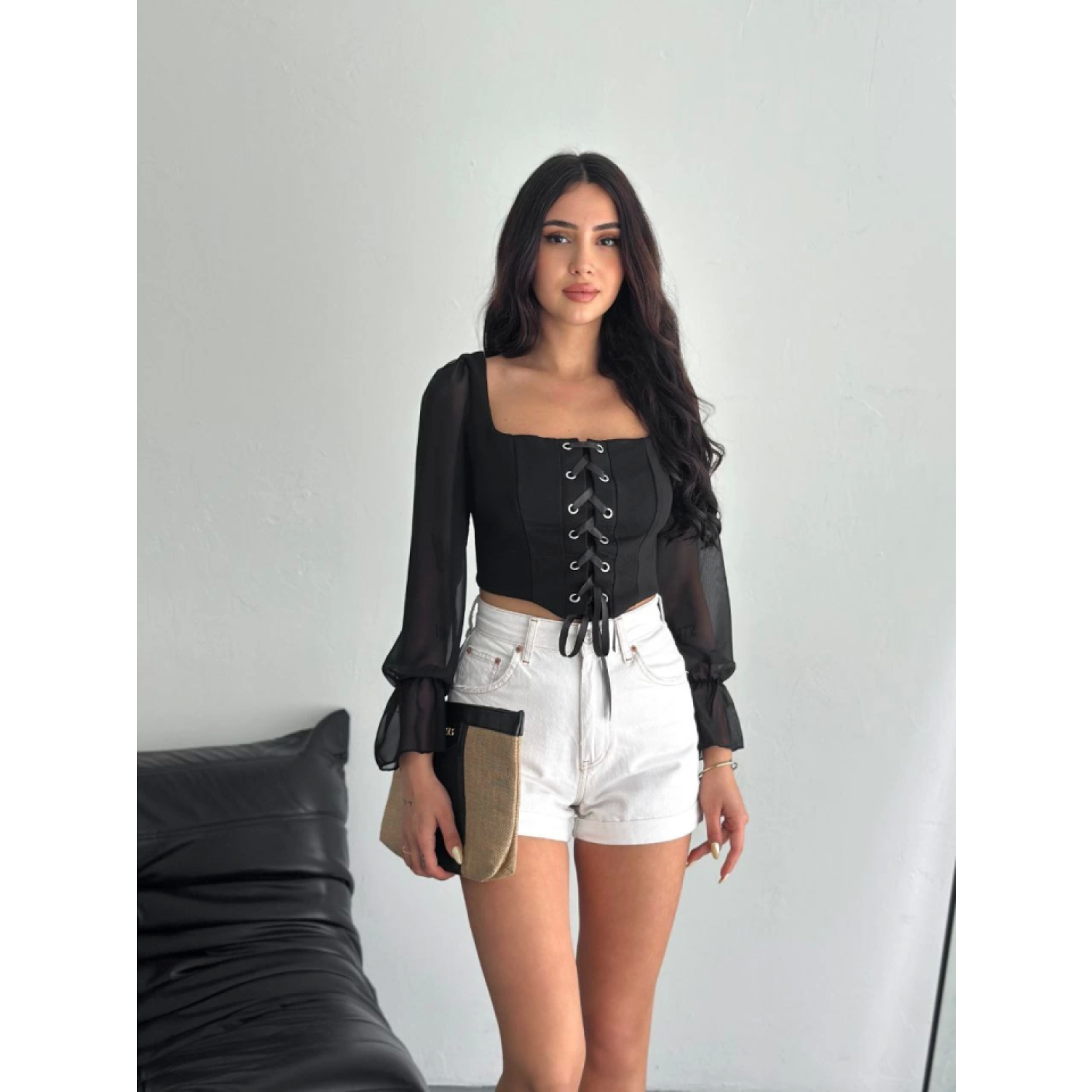 Lucky Life Kadın Sırt Dekolteli Bağacıklı Uzun Kollu Bluz - Siyah