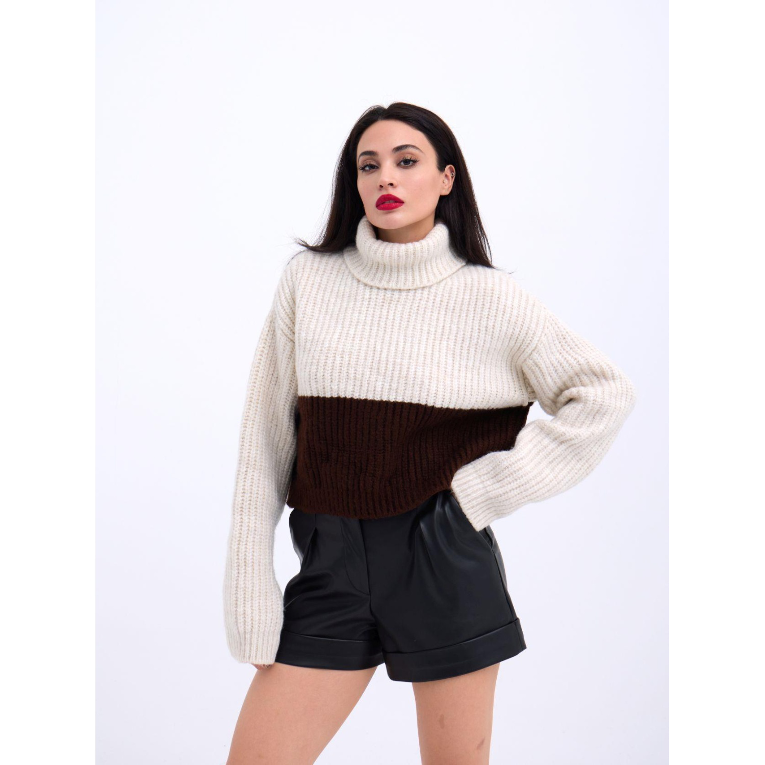 Lucky Life Kadın 04 TRİKO BALIKÇI ÇİZGİLİ KAZAK-KREM-KAHVE