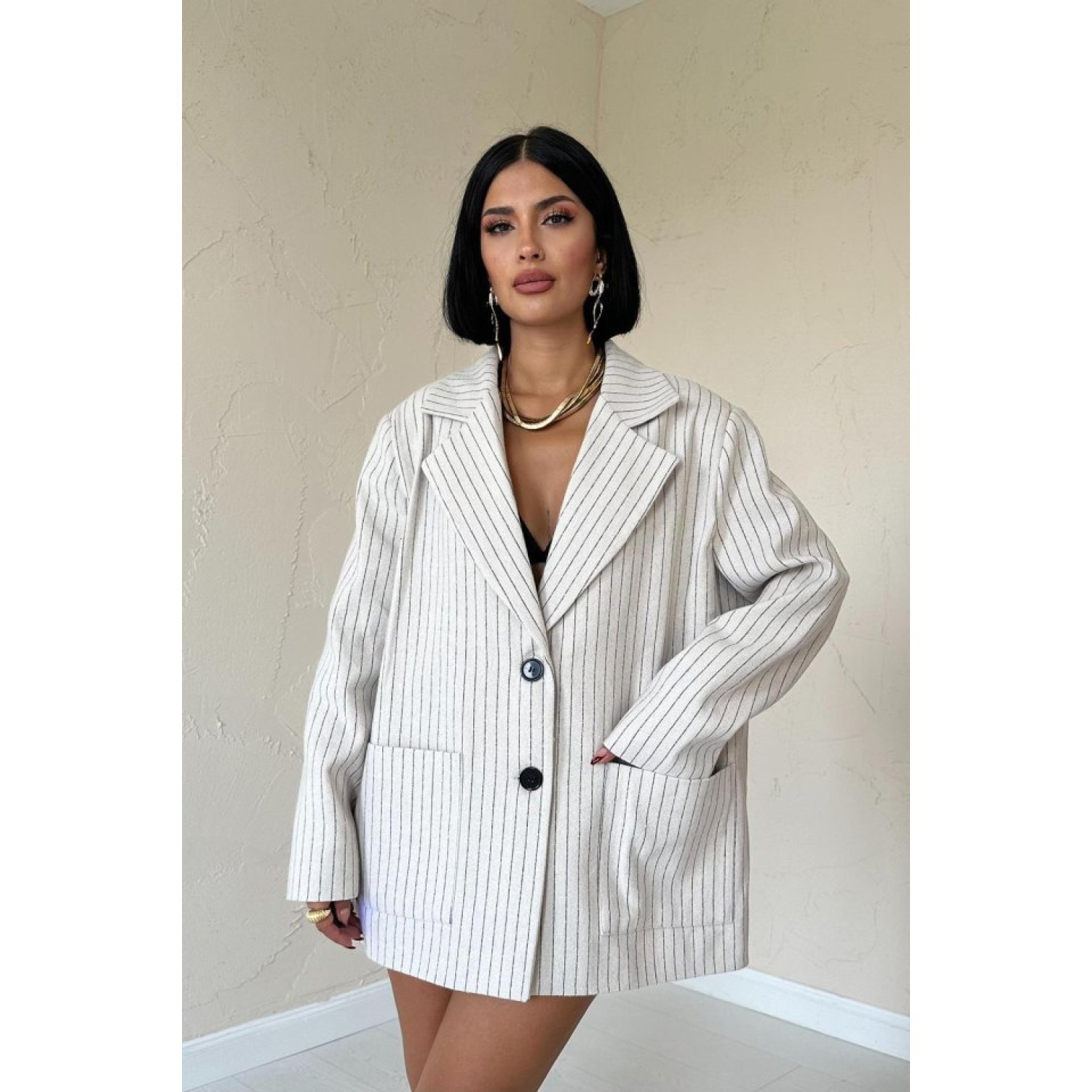 Lucky Life Kadın Lucky Life Kadın Bej Çizgili Oversize Ceket