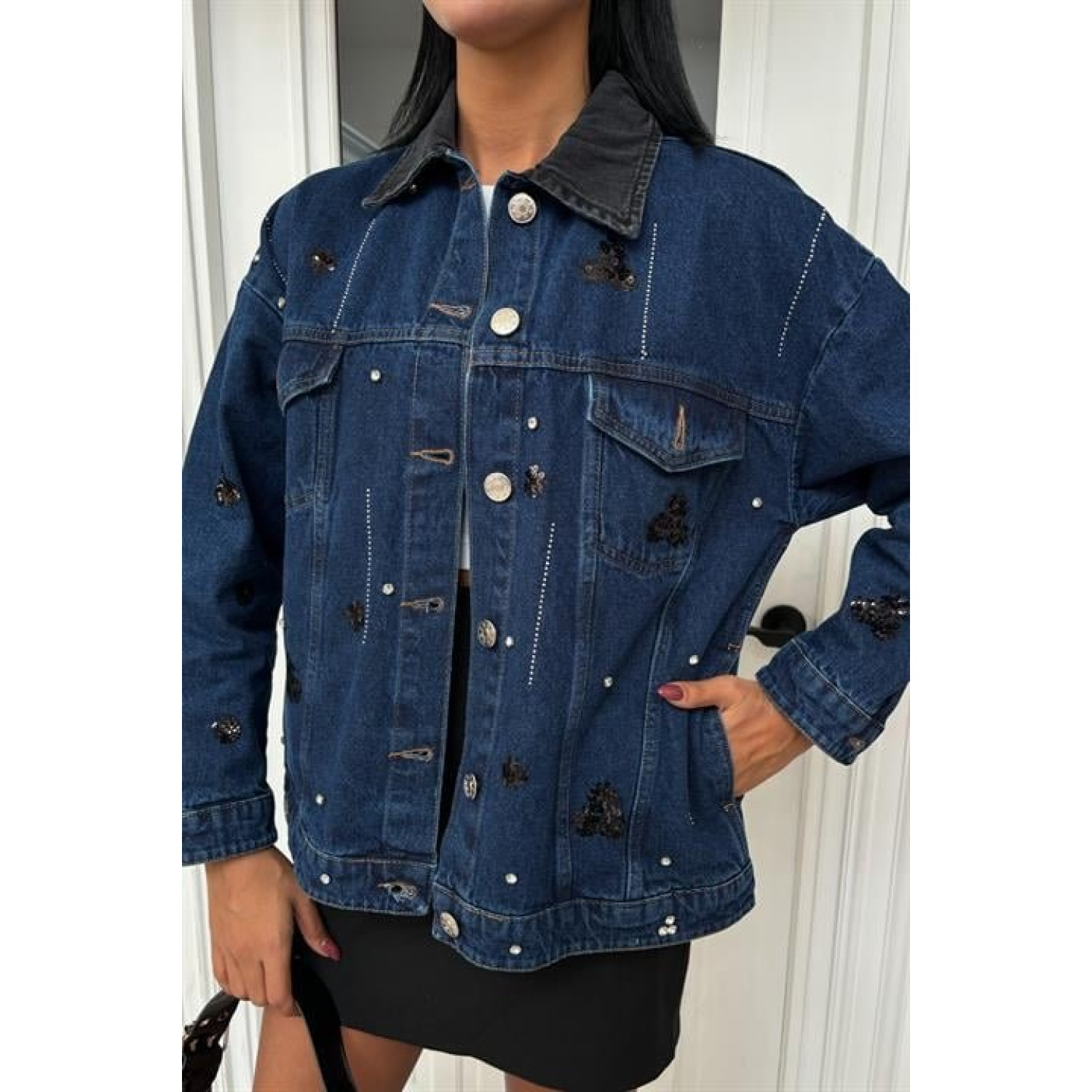 Lucky Life Kadın Yaka Siyah Garni Pul Payet Taşlı Oversize Denim