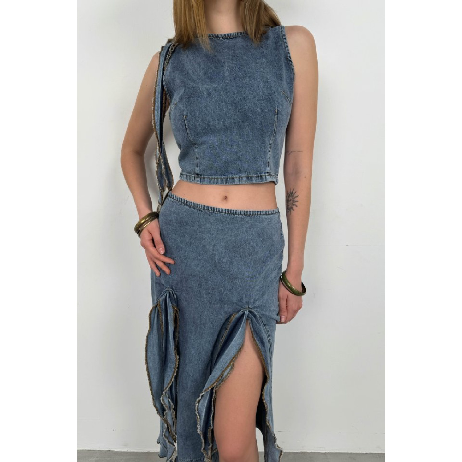 Lucky Life Kadın Fırfır Detay Denim Bluz Lucky Life Kadın Fırfır Detay Denim Bluz