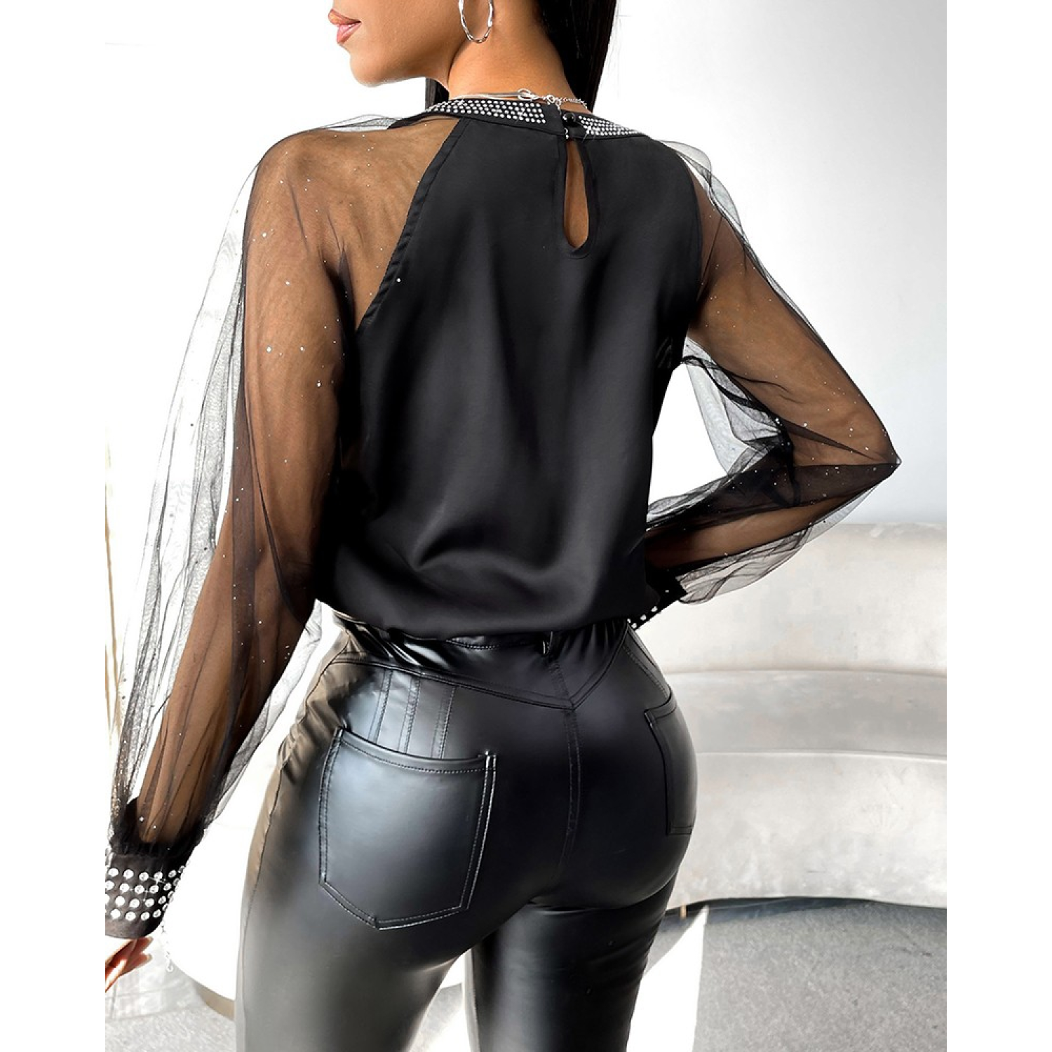 Lucky Life Kadın Uzun Kollu Bisiklet Yaka Taşlı Kol Tül Detaylı S