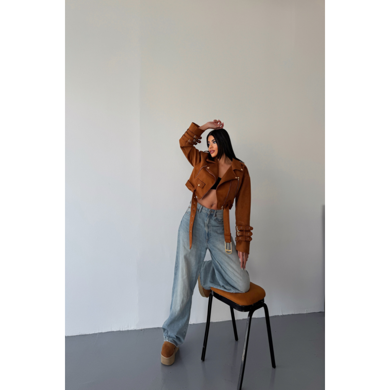 Lucky Life Kadın SÜET CROP CEKET KOL 3 KEMER DETAYLI - Taba