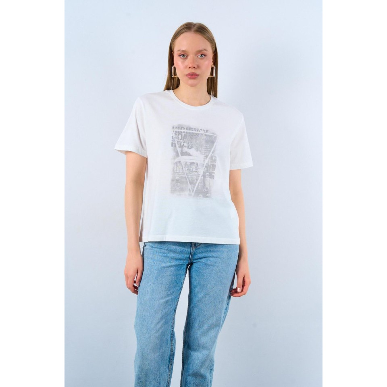 Lucky Life Kadın Baskılı T-shirt - Krem