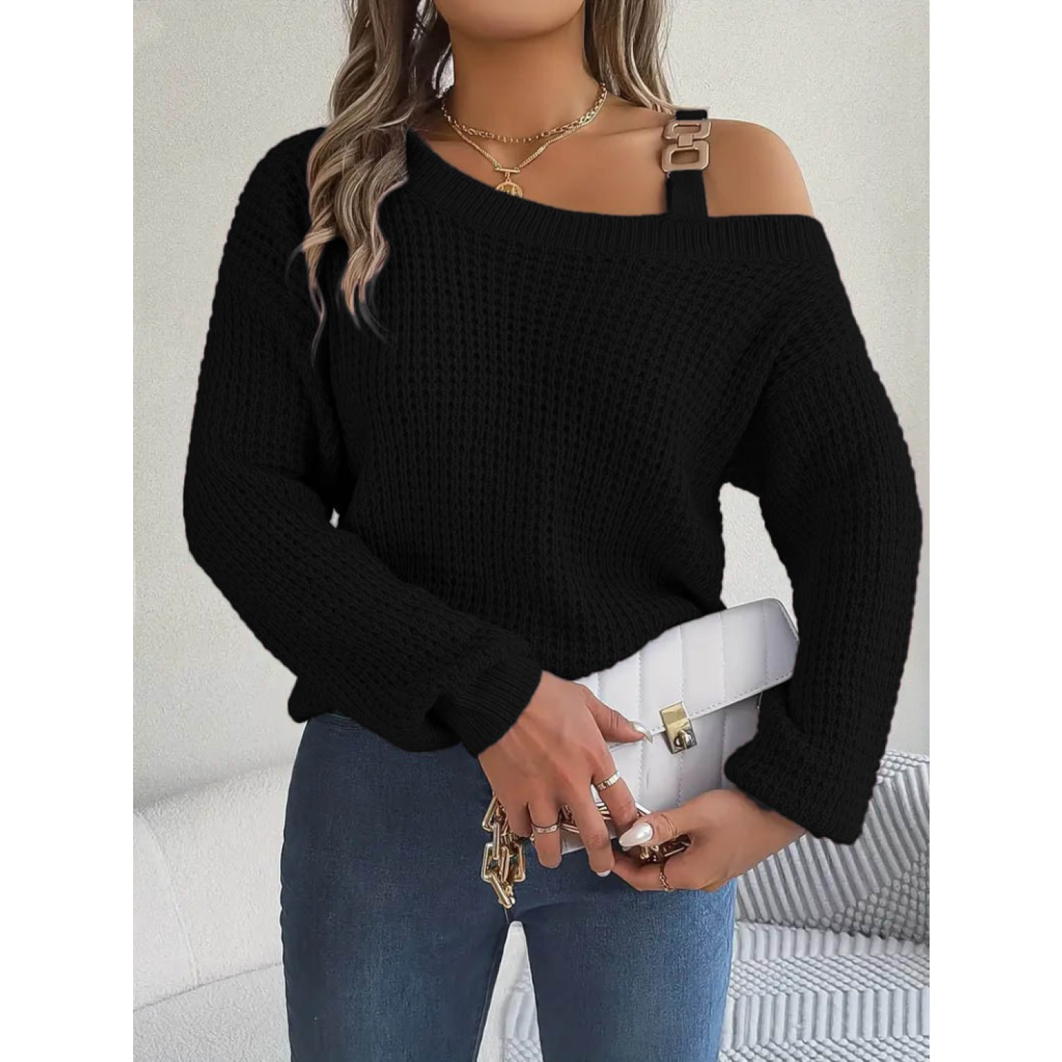 Lucky Life Kadın Uzun Kollu Tek Omuzu Açık Tokalı Triko Bluz Lucky Life Kadın Uzun Kollu Tek Omuzu Açık Tokalı Triko Bluz