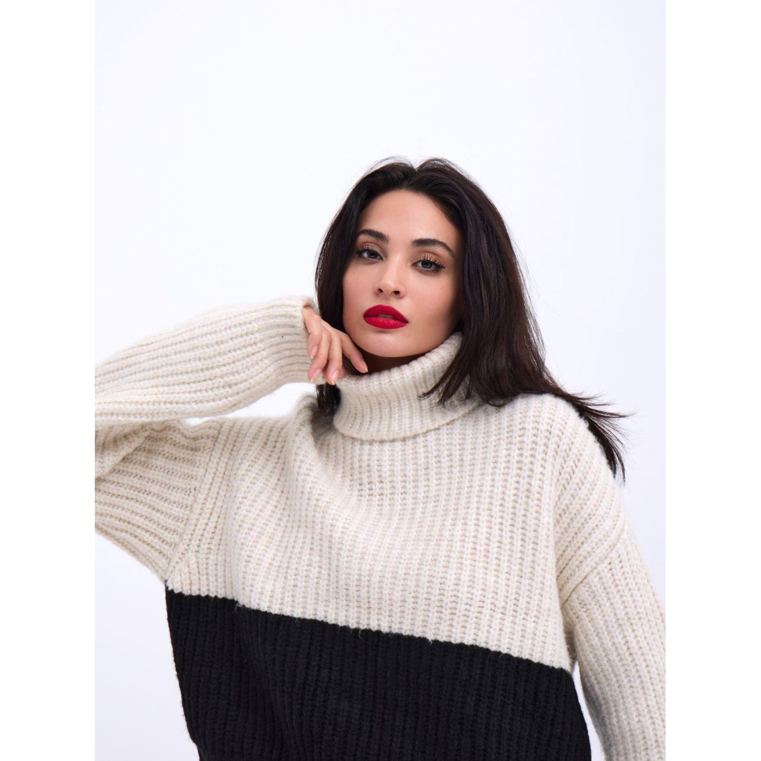 Lucky Life Kadın 04 TRİKO BALIKÇI ÇİZGİLİ KAZAK-KREM-SİYAH