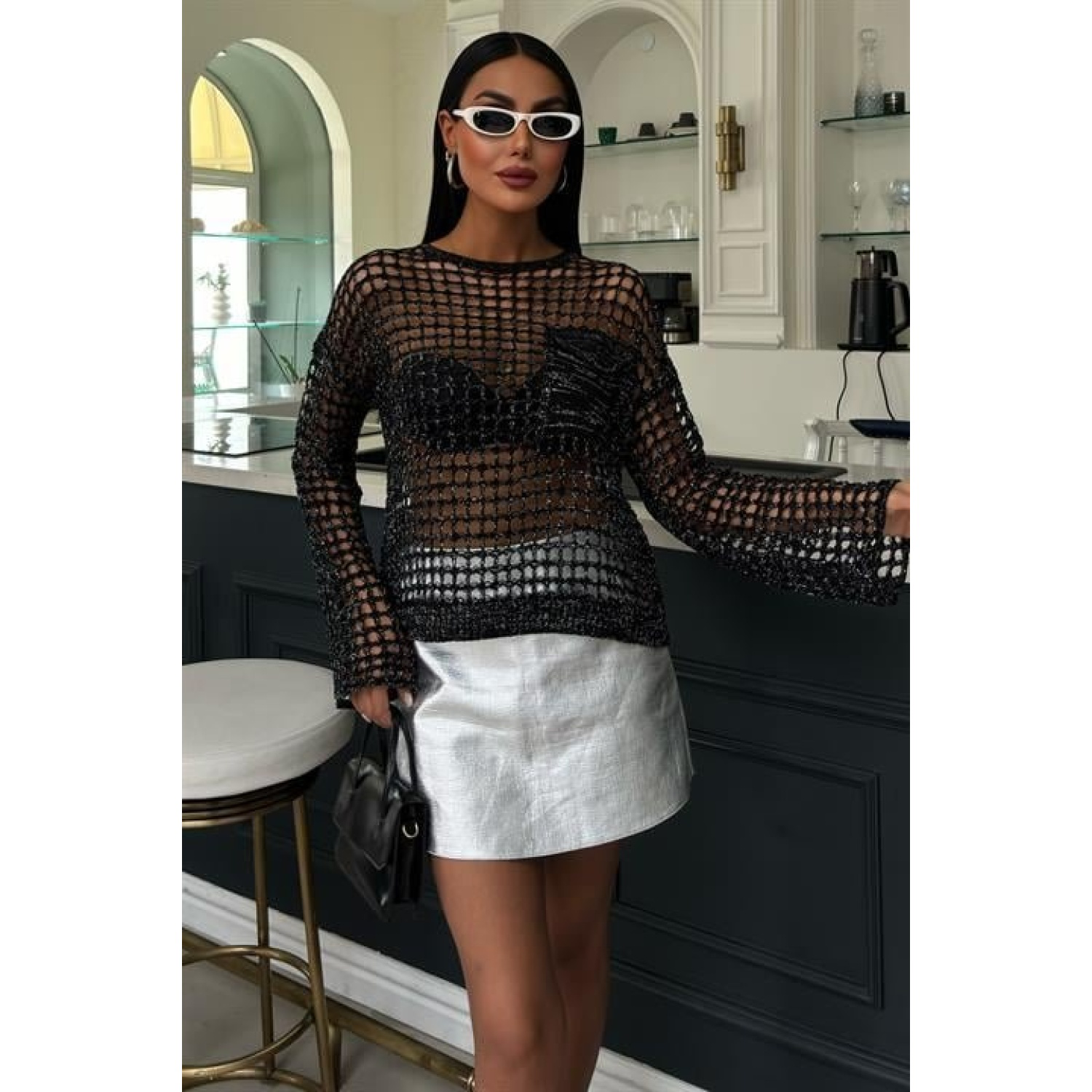 Lucky Life Kadın Cep Detay Simli Ajurlu Triko Bluz