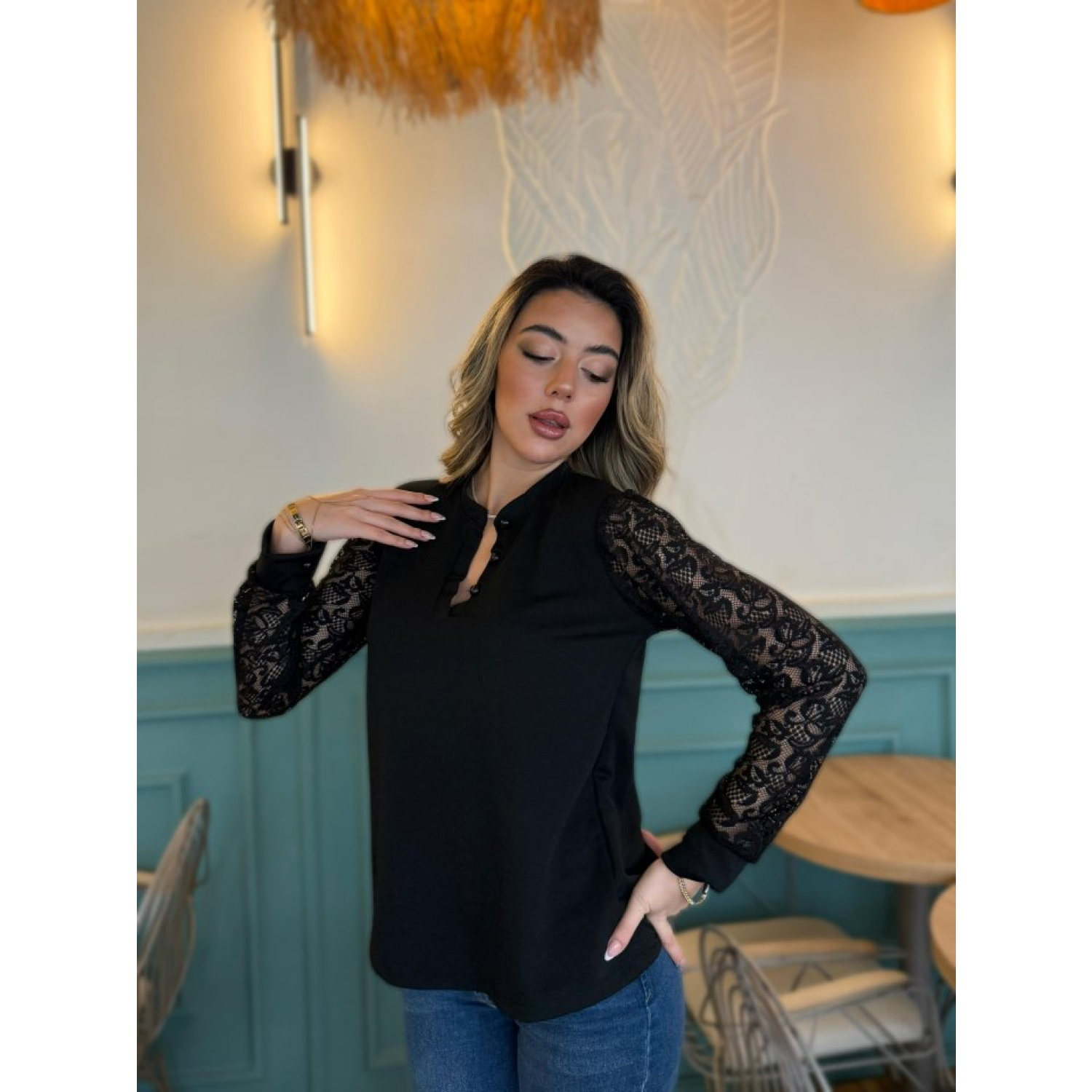 Lucky Life Kadın Uzun Kollu Kolları Dantelli Hakim Yaka Krep Bluz