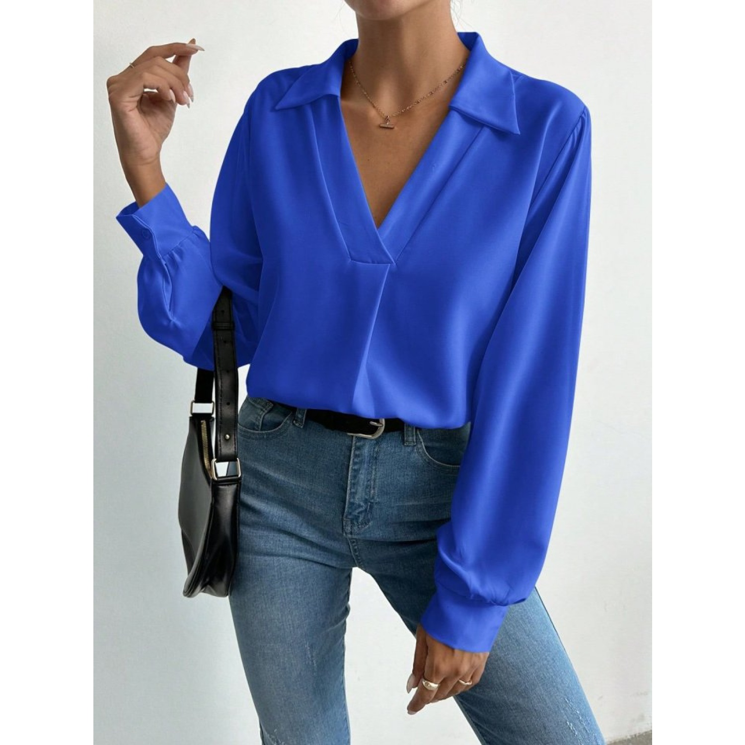 Lucky Life Kadın V Yaka Uzun Kollu Mosskrep Kumaş Bluz