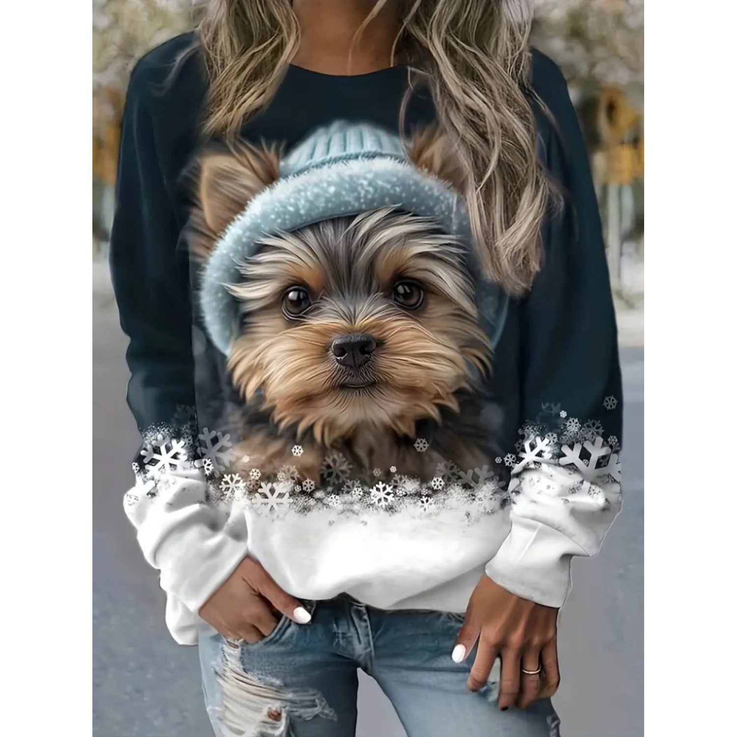 Lucky Life Kadın Uzun Kollu Bisiklet Yaka Köpek Baskılı şardonlu Lucky Life Kadın Uzun Kollu Bisiklet Yaka Köpek Baskılı şardonlu