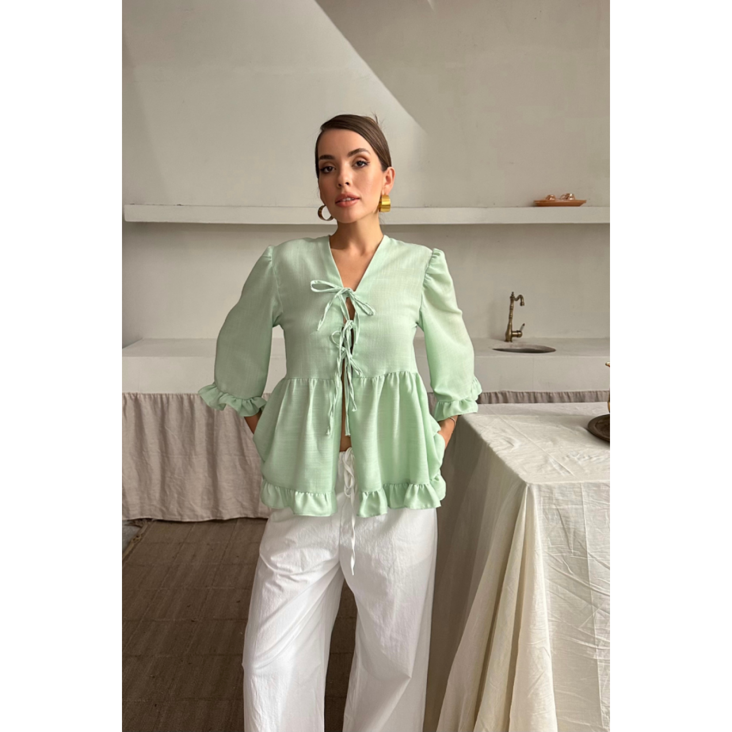 Lucky Life Kadın KETEN BLUZ ÖNDEN BAĞLAMALI FIRFIR DETAYLI - Yeşi