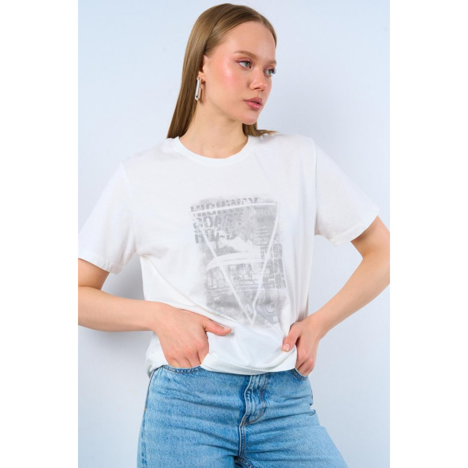 Lucky Life Kadın Baskılı T-shirt - Krem