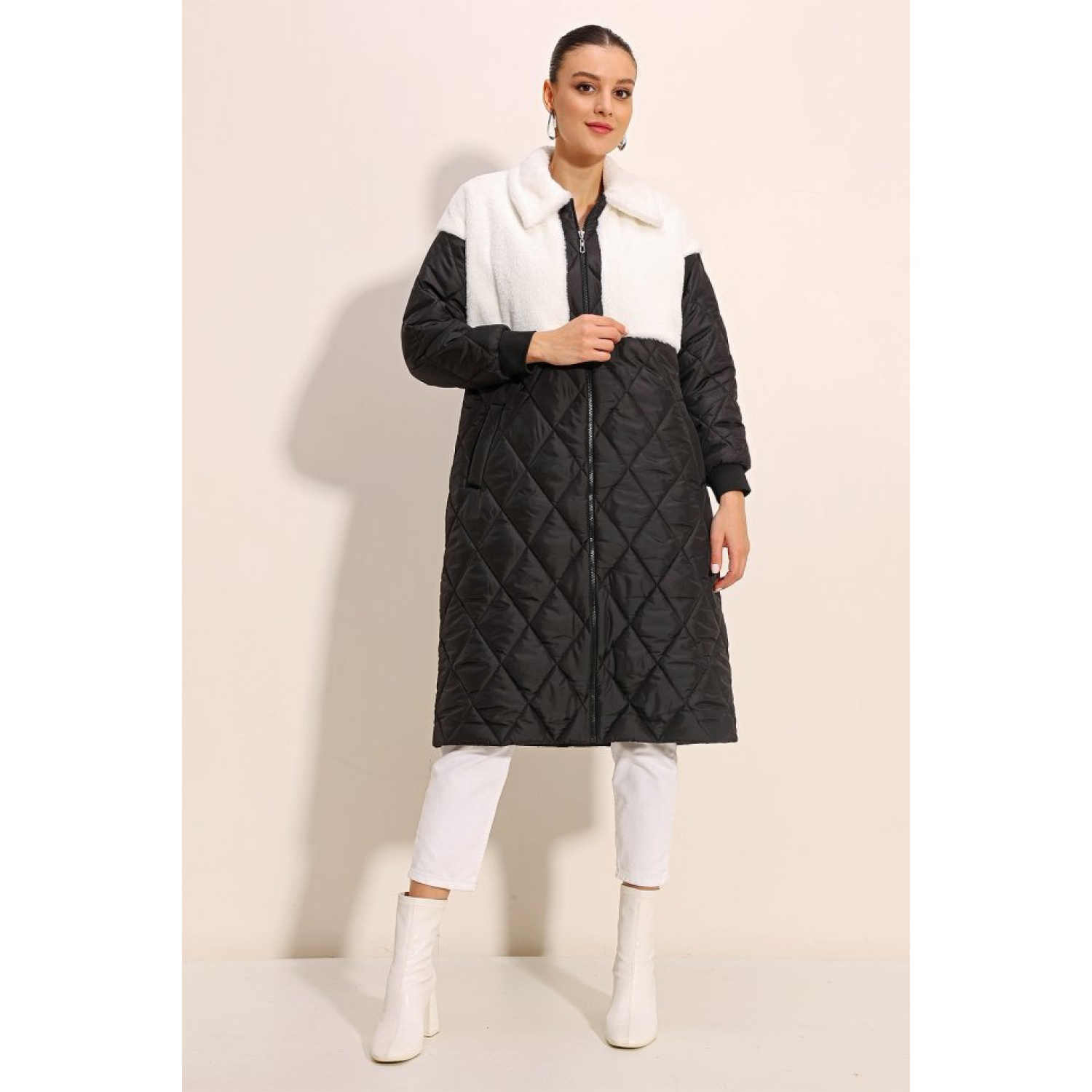 Lucky Life Kadın Uzun Oversize Şişme Mont - Beyaz
