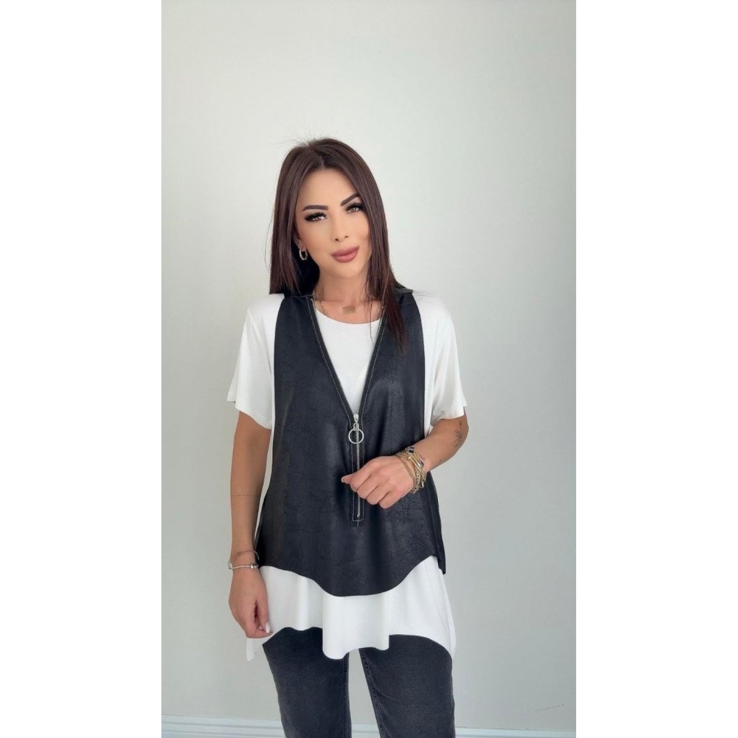 Lucky Life Kadın Kısa Kollu Yuvarlak Yaka Viskon Bluz + Kolsuz Fe