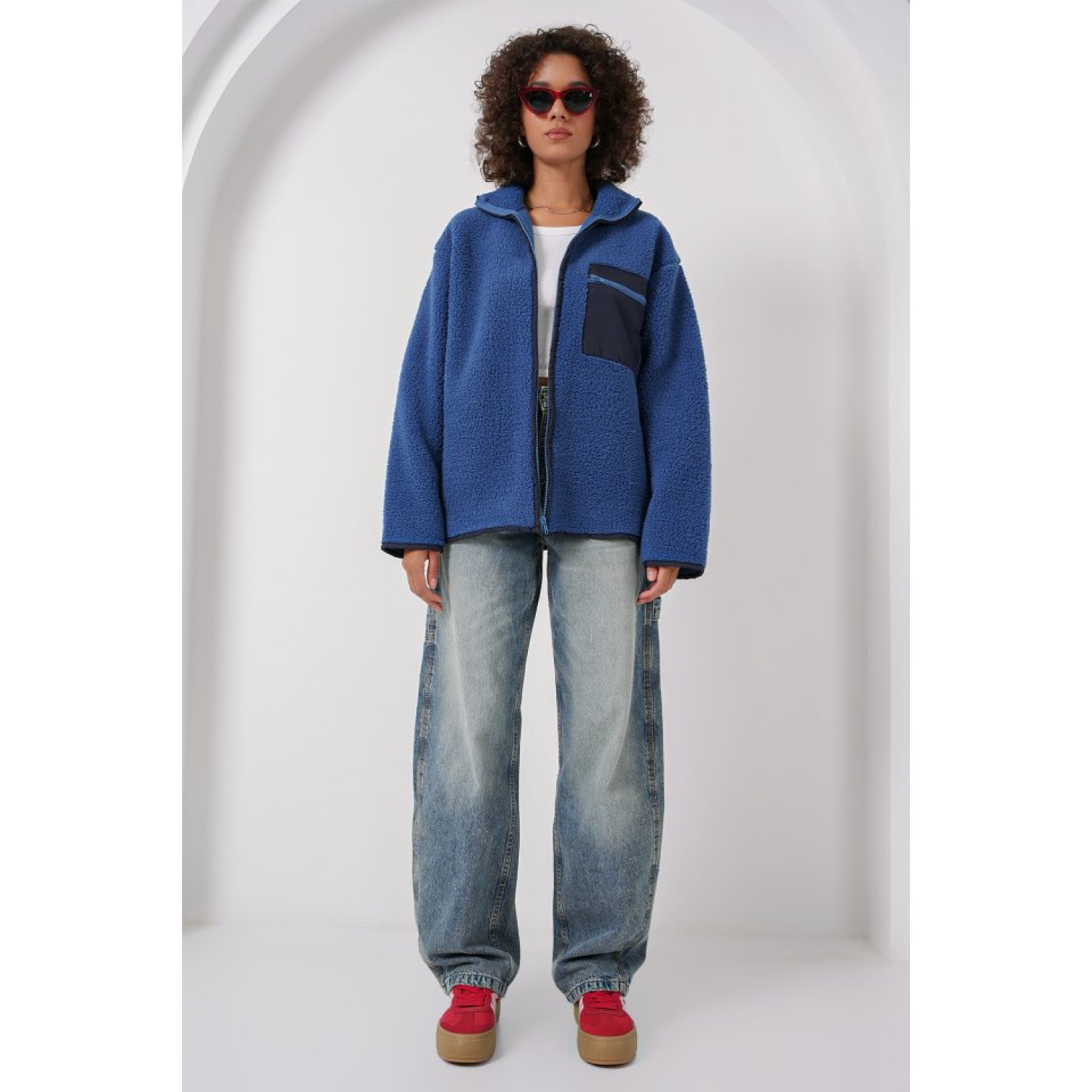 Lucky Life Kadın Fermuarlı Oversize Peluş Ceket - Saks