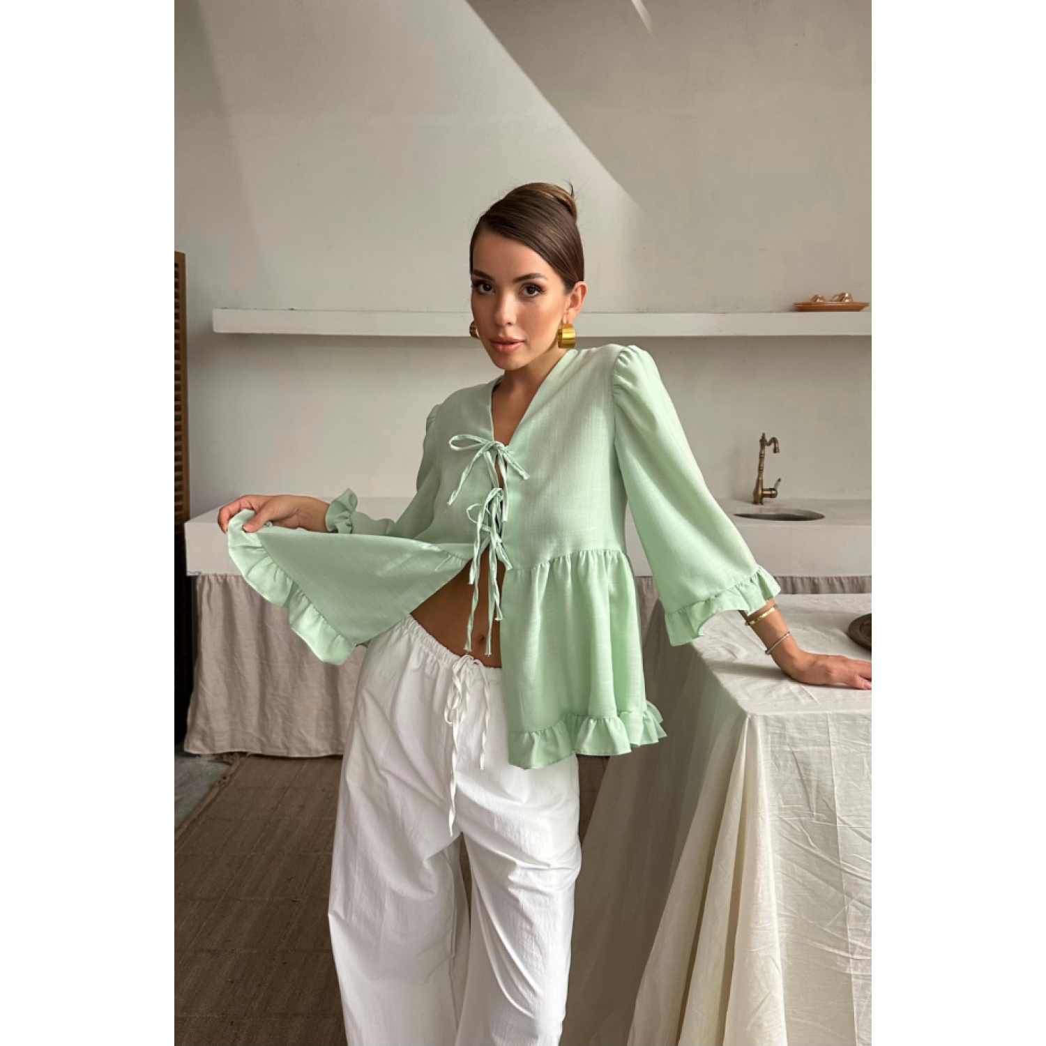 Lucky Life Kadın KETEN BLUZ ÖNDEN BAĞLAMALI FIRFIR DETAYLI - Yeşi