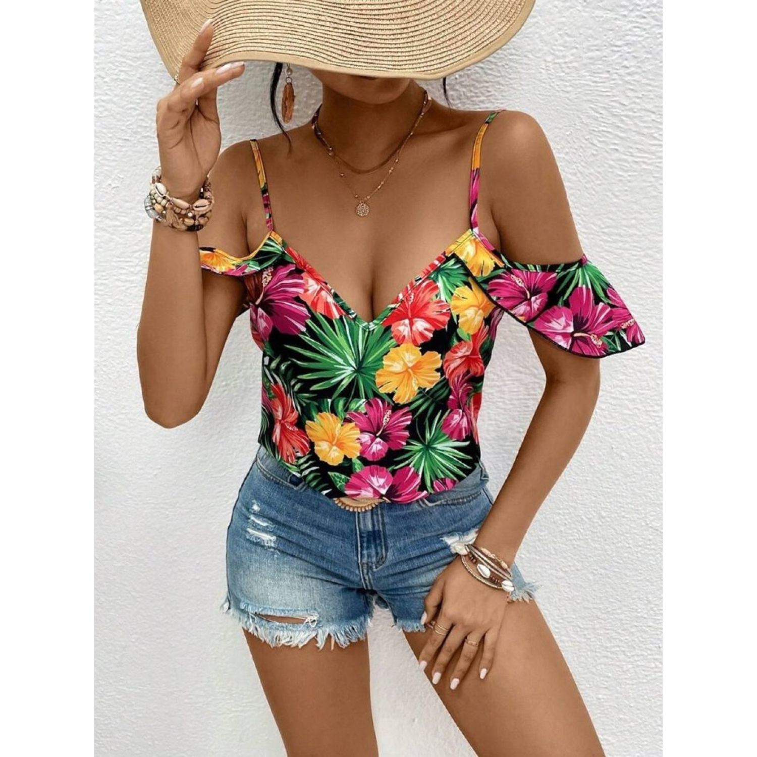 Lucky Life Kadın Askılı Omuzlardan Açık çiçek Baskılı Bluz