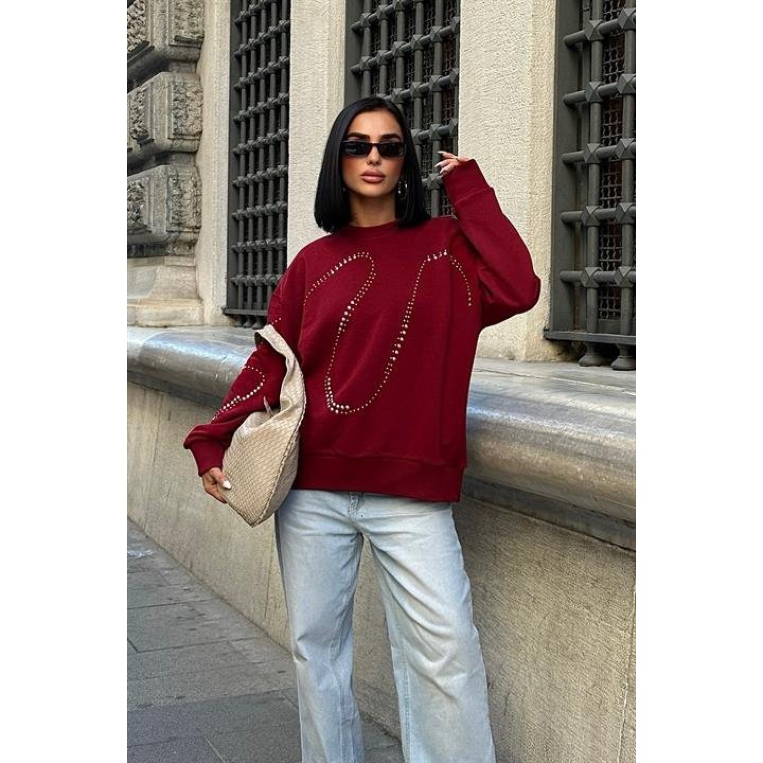 Lucky Life Kadın Gümüş Taşlı Sweatshirt