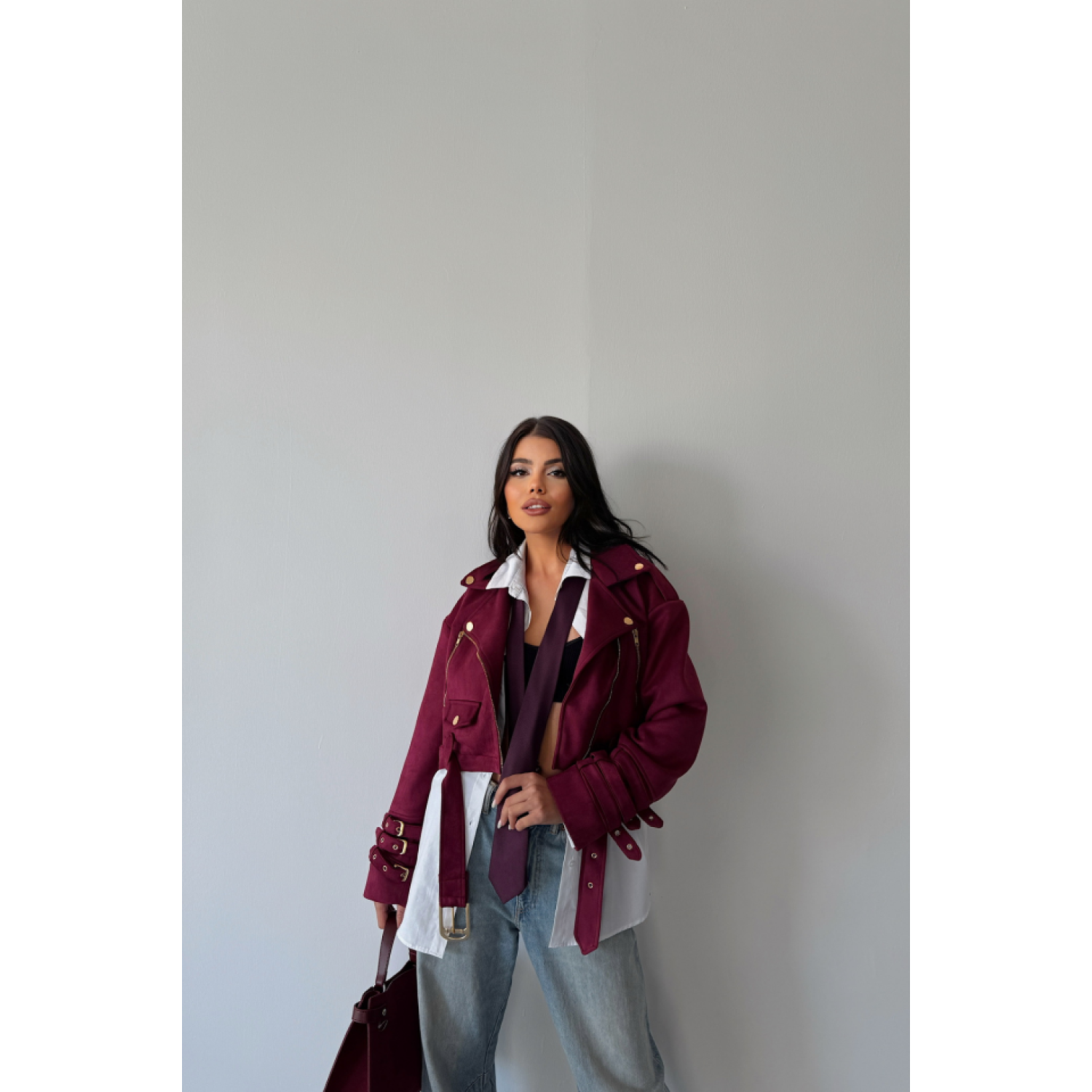 Lucky Life Kadın SÜET CROP CEKET KOL 3 KEMER DETAYLI - Bordo