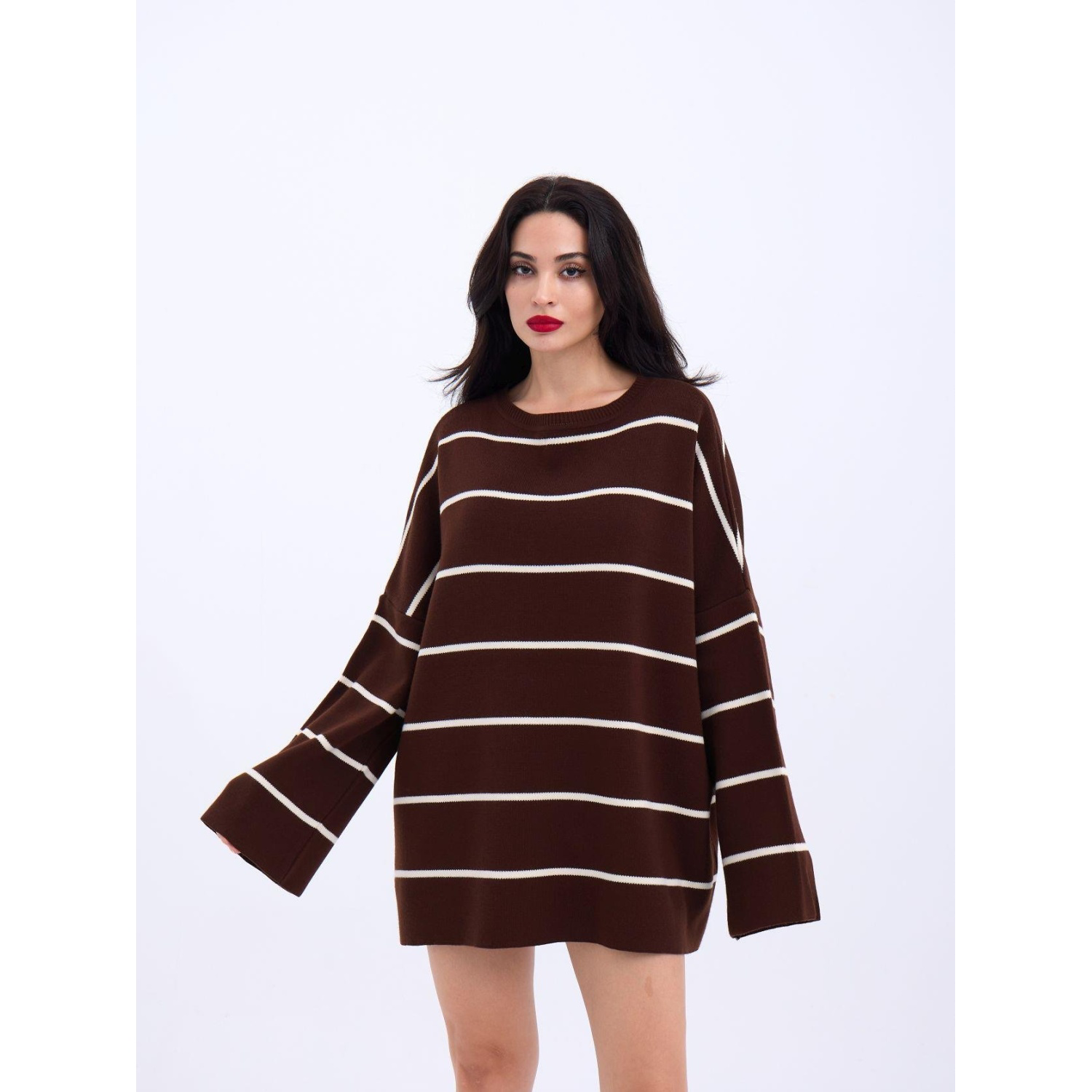 Lucky Life Kadın  ÇİZGİLİ SALAŞ TUNİK-KAHVE-KREM