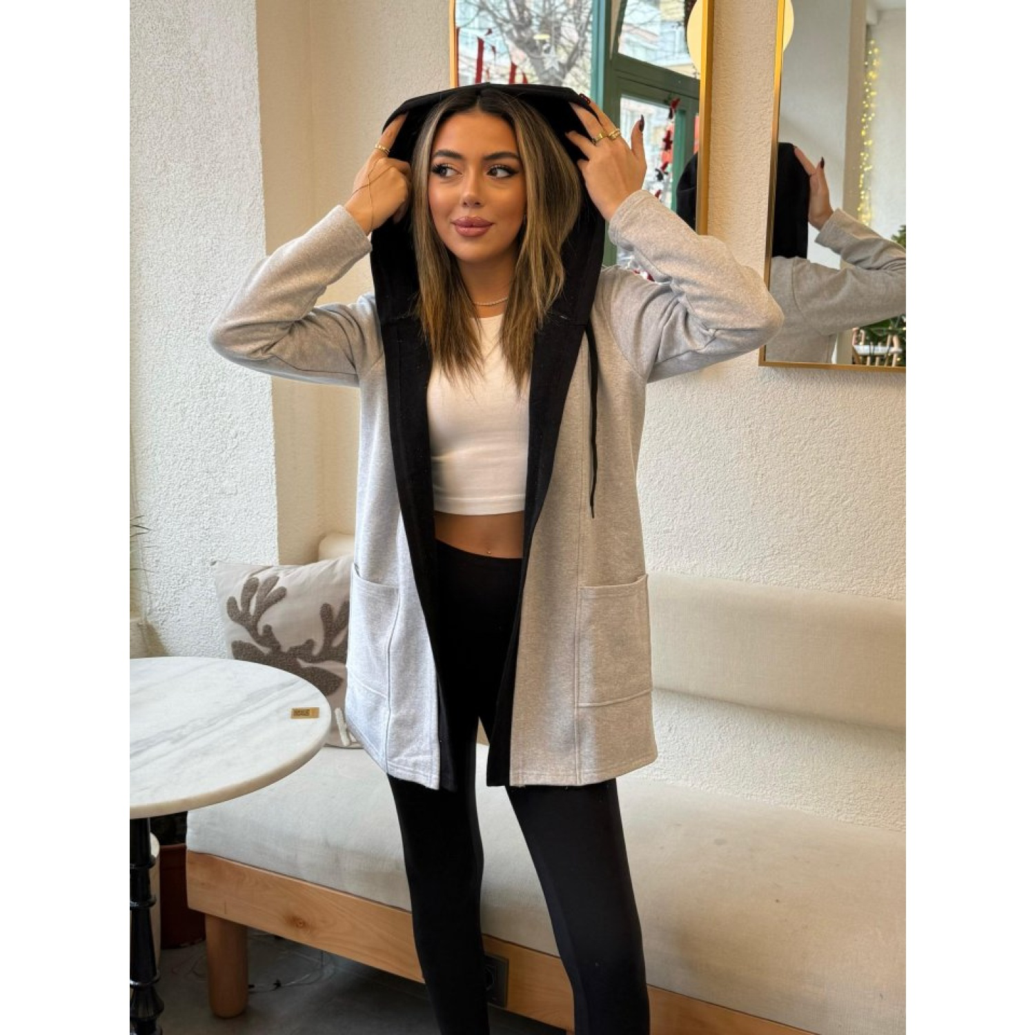 Lucky Life Kadın Uzun Kollu Kapşonlu Bağcıklı Cepli Iki Iplik Cek