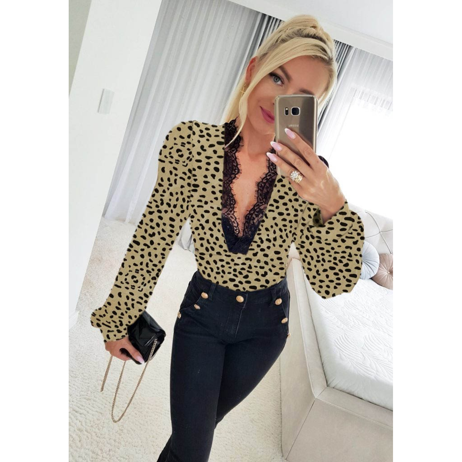 Lucky Life Kadın Uzun Kollu önden Derin Dantel Yaka Leopar Desenl