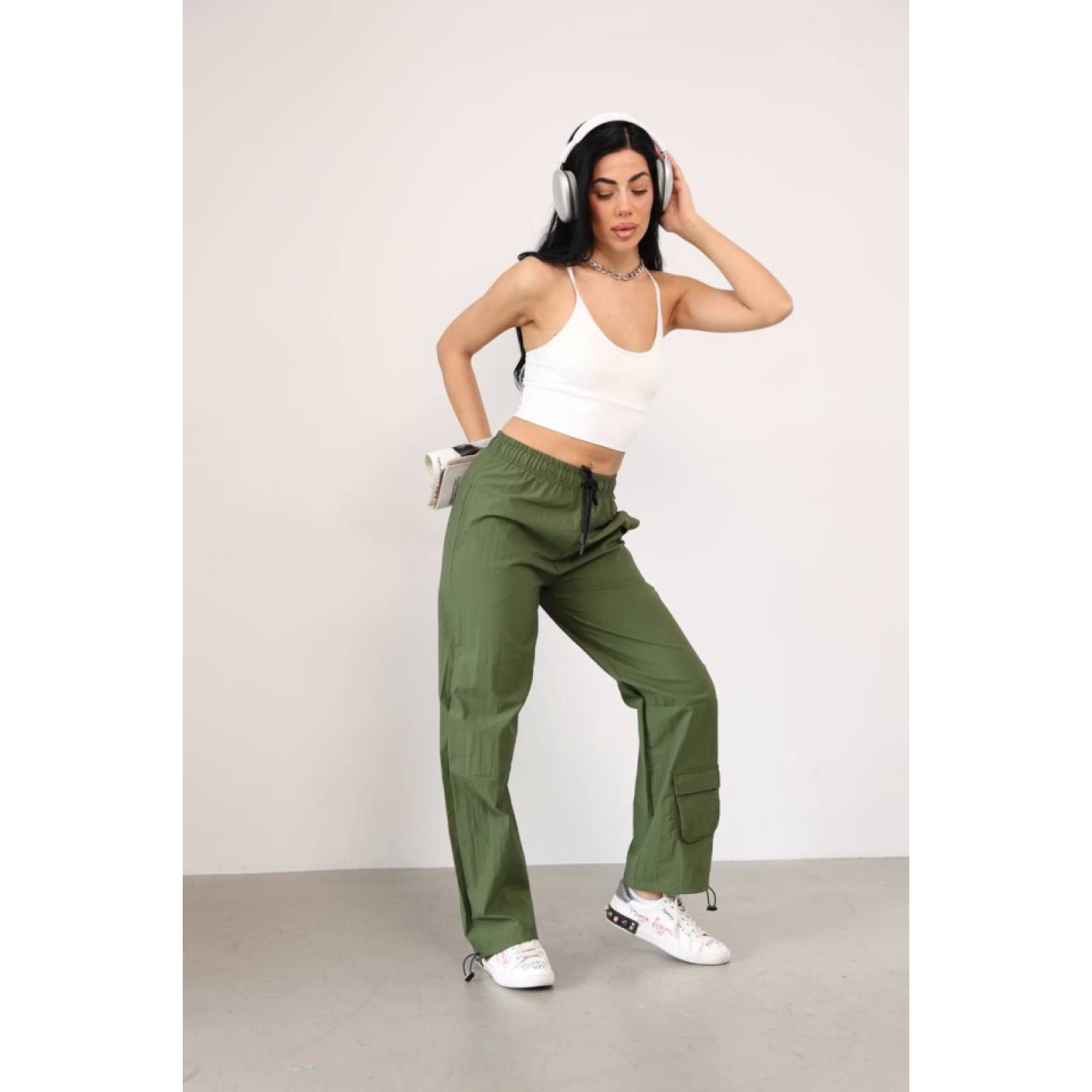 Lucky Life Kadın Paraşut Kumaş Paça Cepli Baggy Eşofman - Haki
