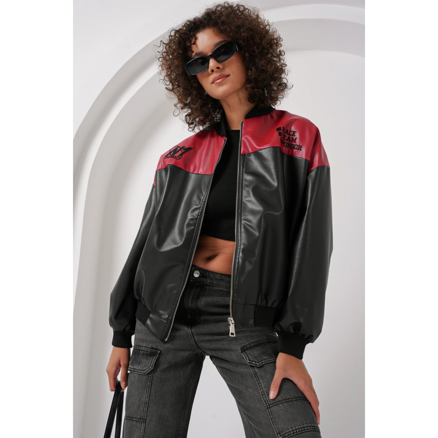 Lucky Life Kadın Baskılı Suni Deri Bomber Ceket - Bordo