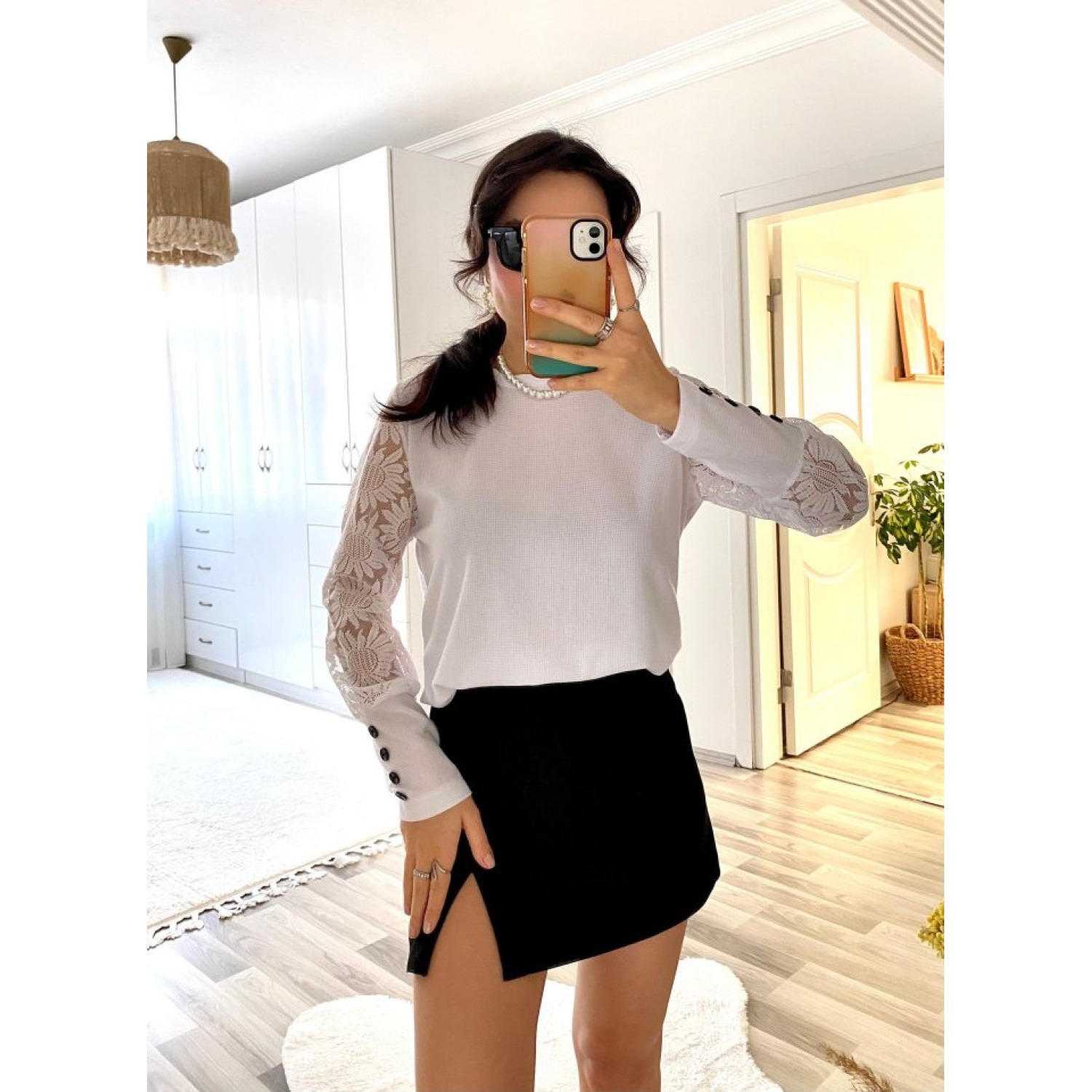 Lucky Life Kadın Uzun Kollu Bisiklet Yaka Kolları çiçekli Waffle 