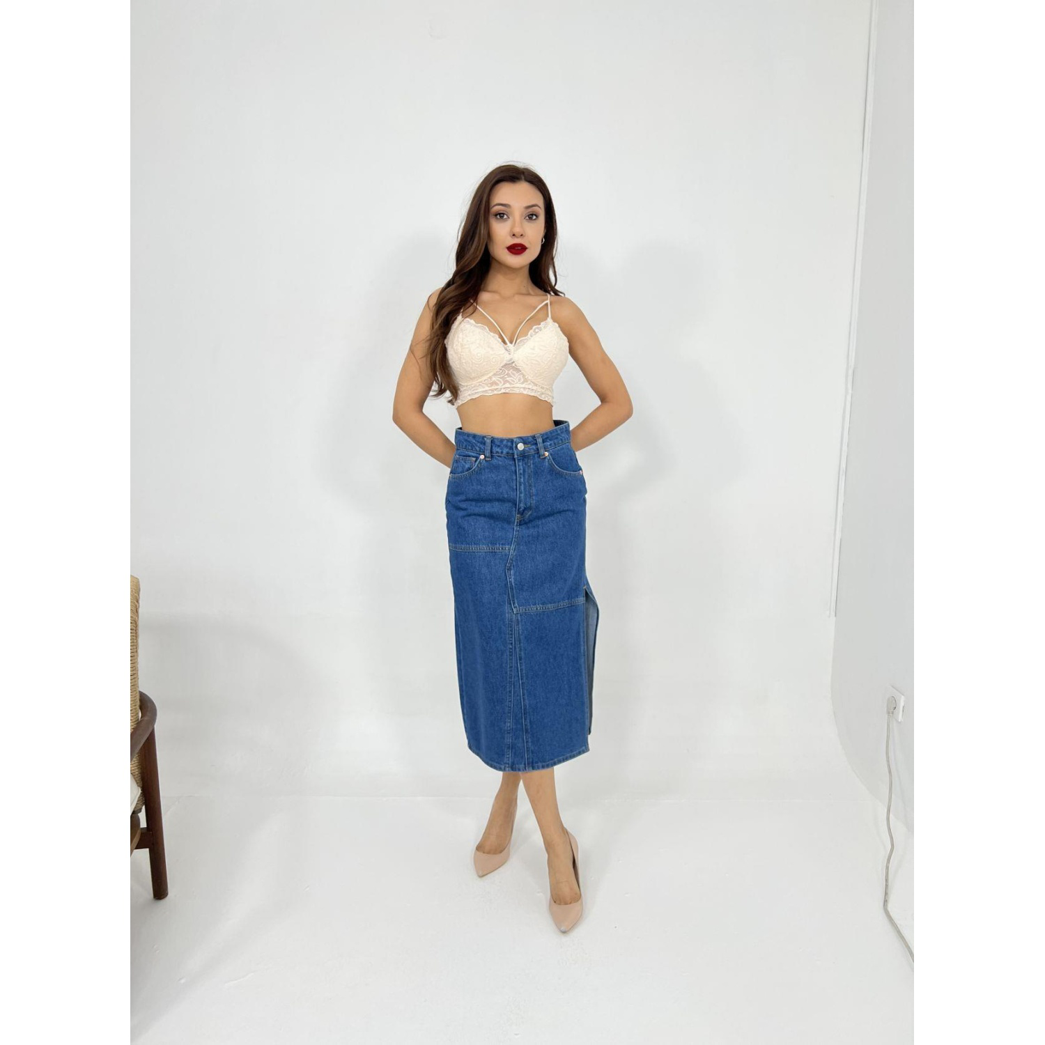 Lucky Life Kadın 00 SLIPPED MIDI SKIRT-MAVİ