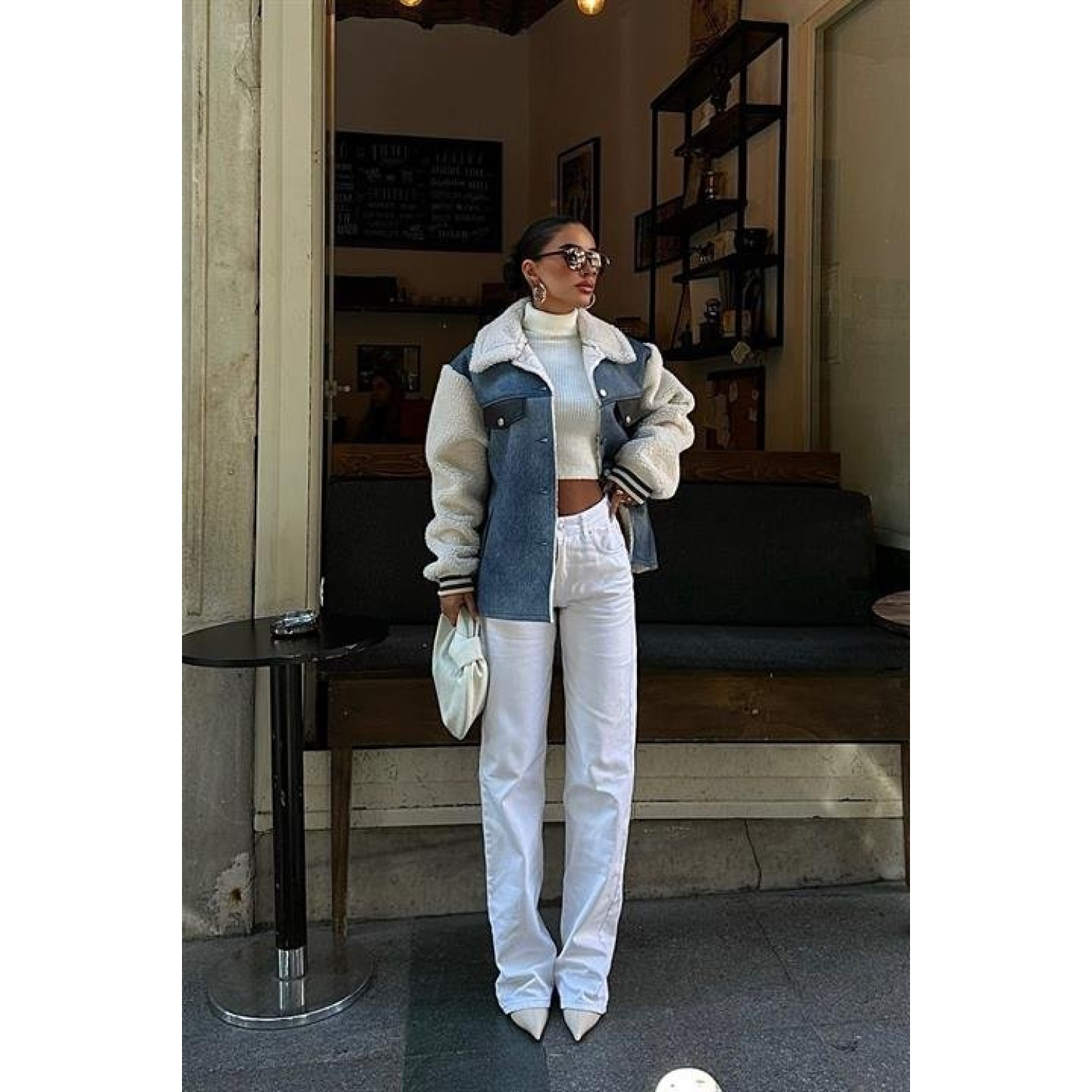 Lucky Life Kadın İçi Kürklü Deri Garnili Denim Görünümlü Ceket