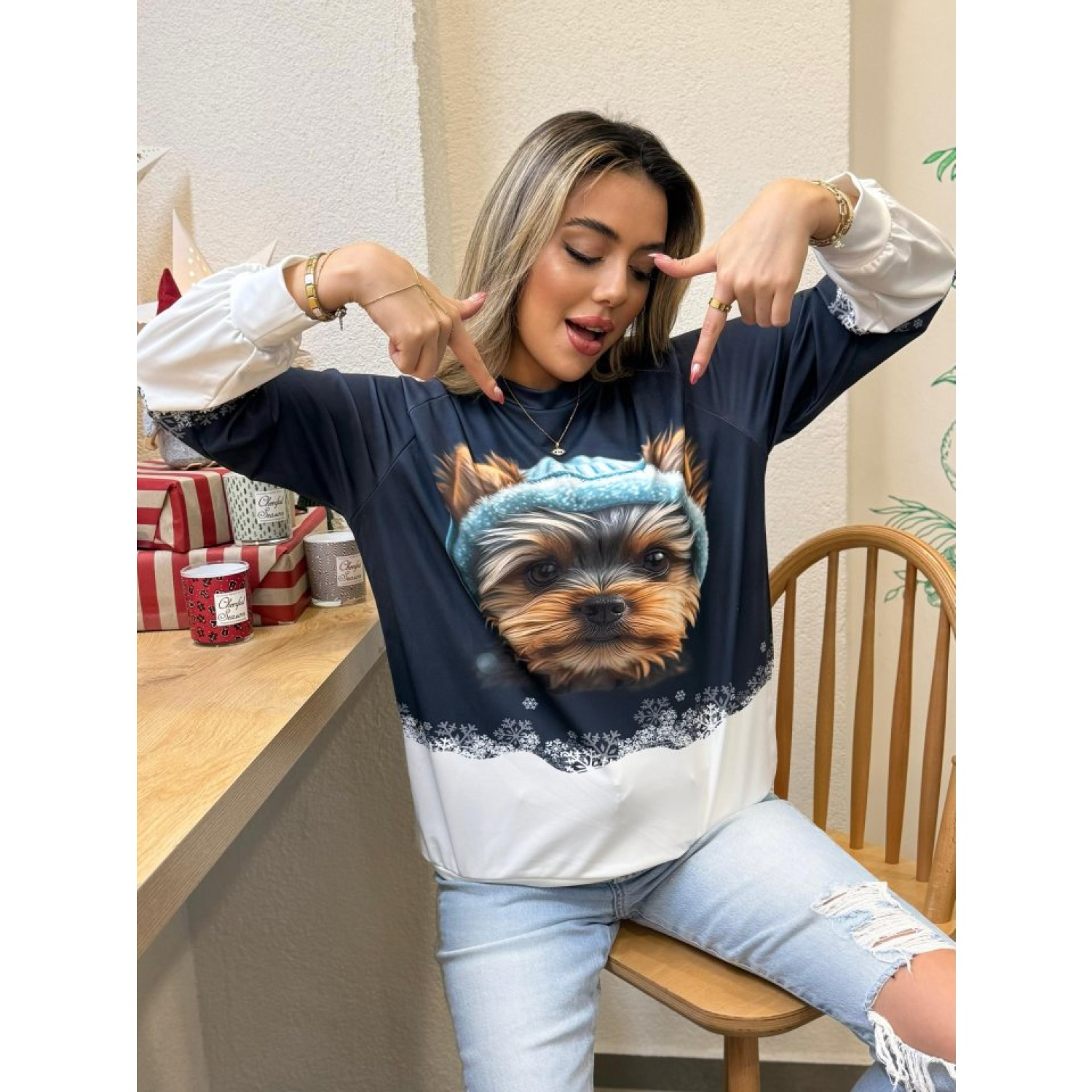 Lucky Life Kadın Uzun Kollu Bisiklet Yaka Köpek Baskılı şardonlu 