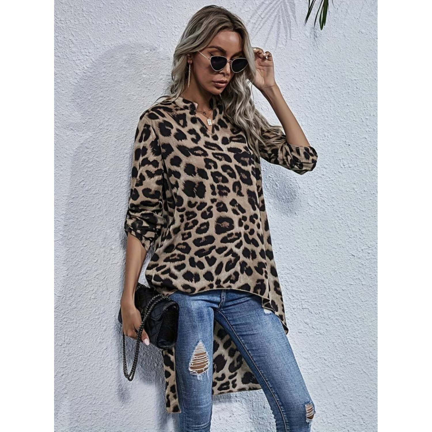 Lucky Life Kadın Uzun Kollu Hakim V Yakalı Leopar Desenli Asimetr Lucky Life Kadın Uzun Kollu Hakim V Yakalı Leopar Desenli Asimetr