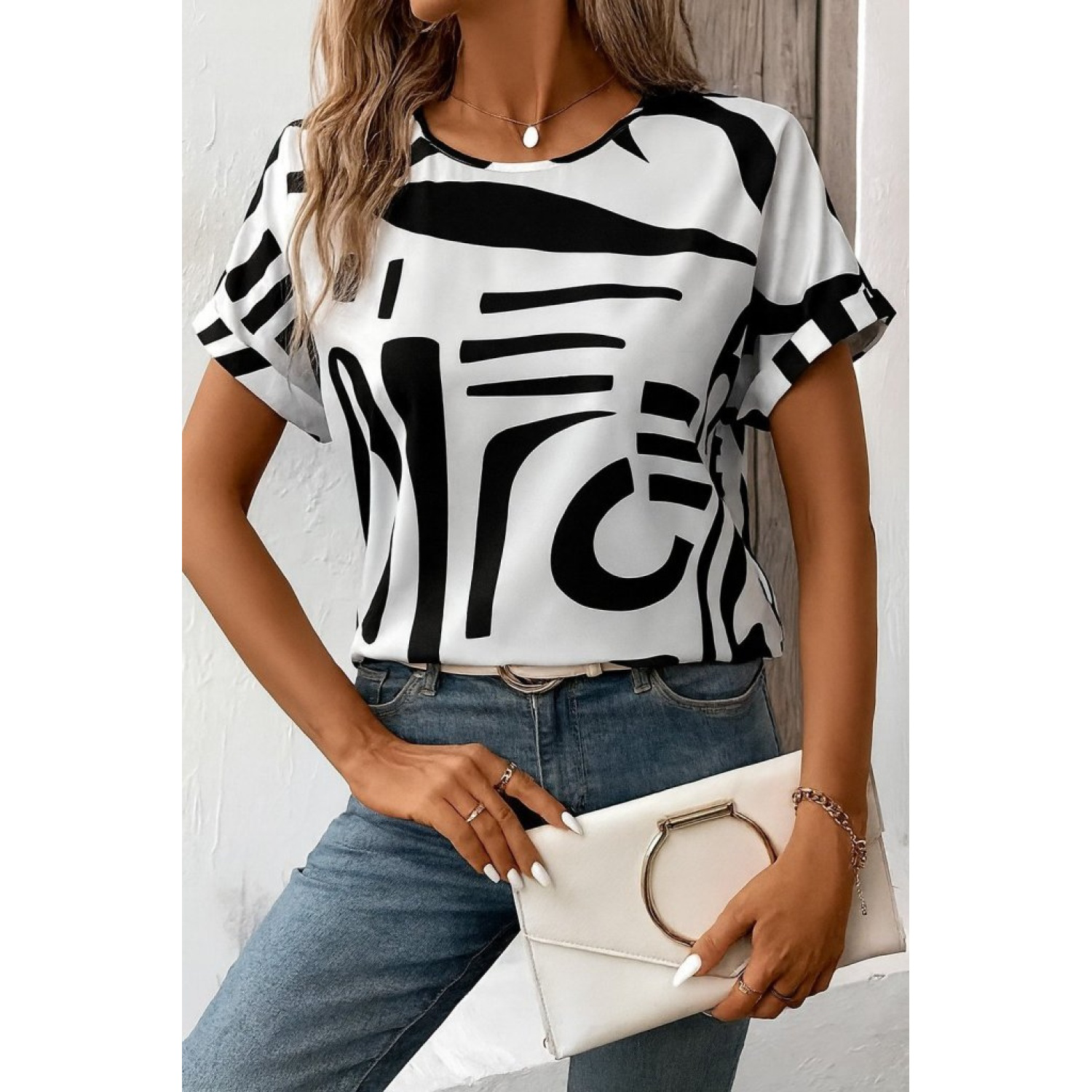 Lucky Life Kadın Kısa Kollu Yuvarlak Yaka Desenli Süprem Bluz