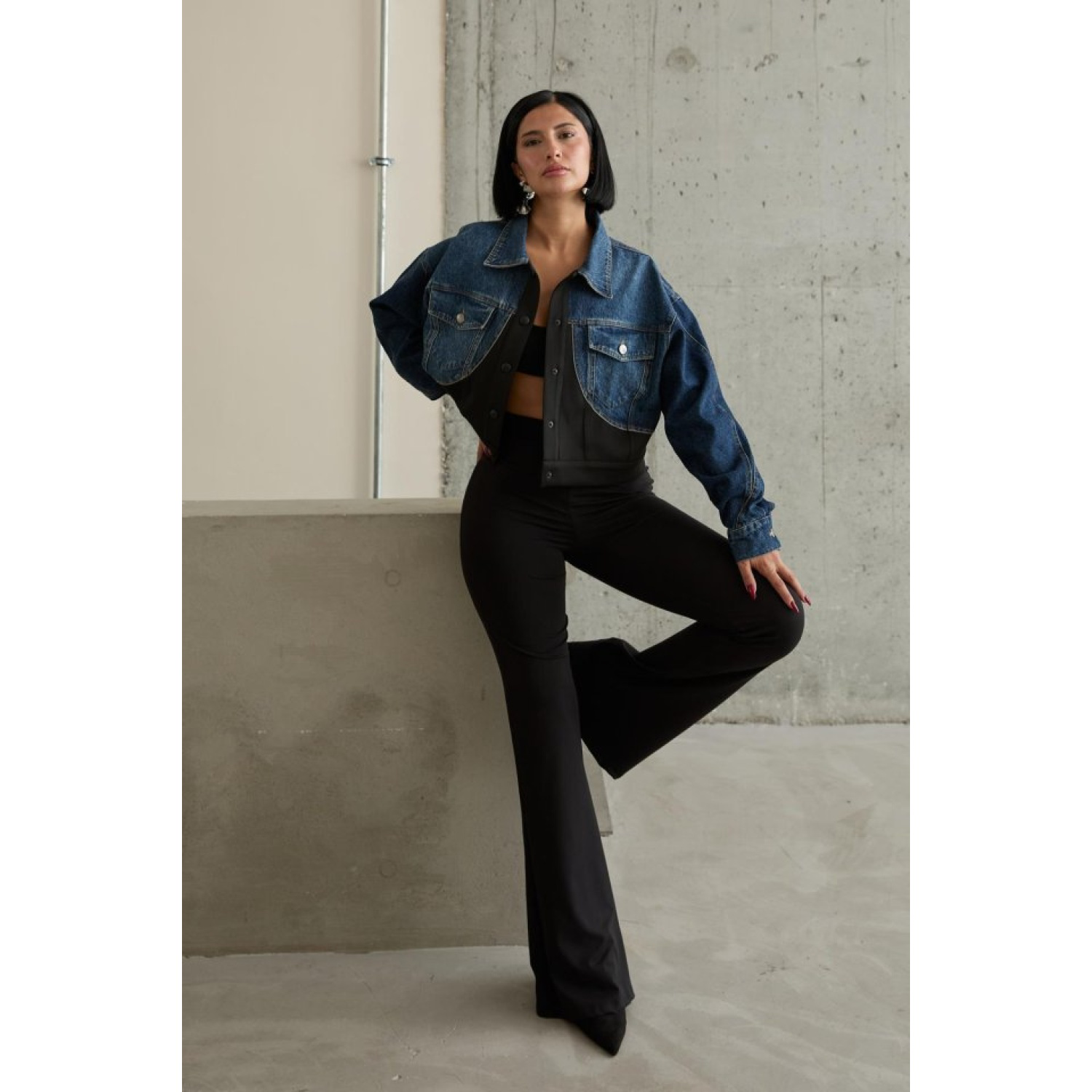 Lucky Life Kadın Siyah Denim Scuba Garnili Ceket