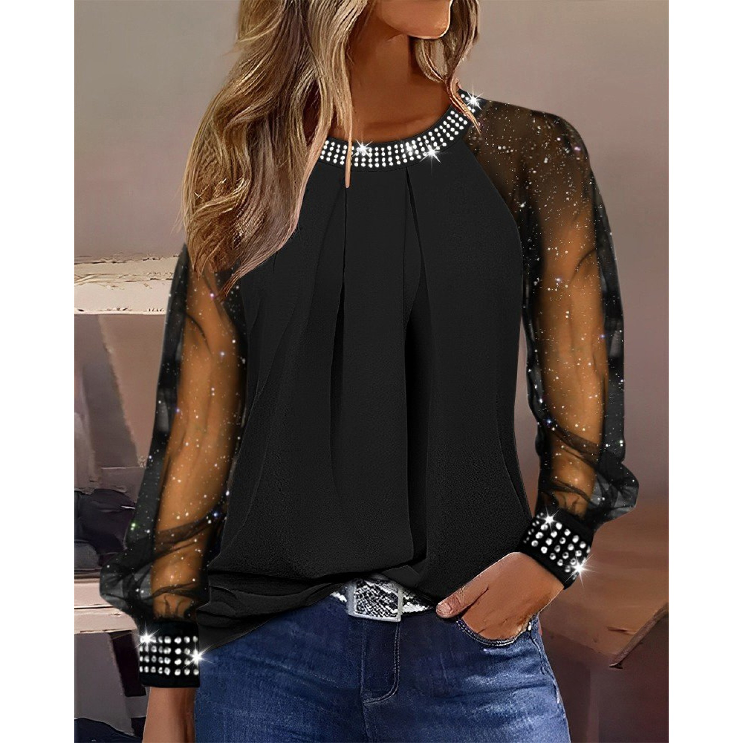 Lucky Life Kadın Uzun Kollu Bisiklet Yaka Taşlı Kol Tül Detaylı S