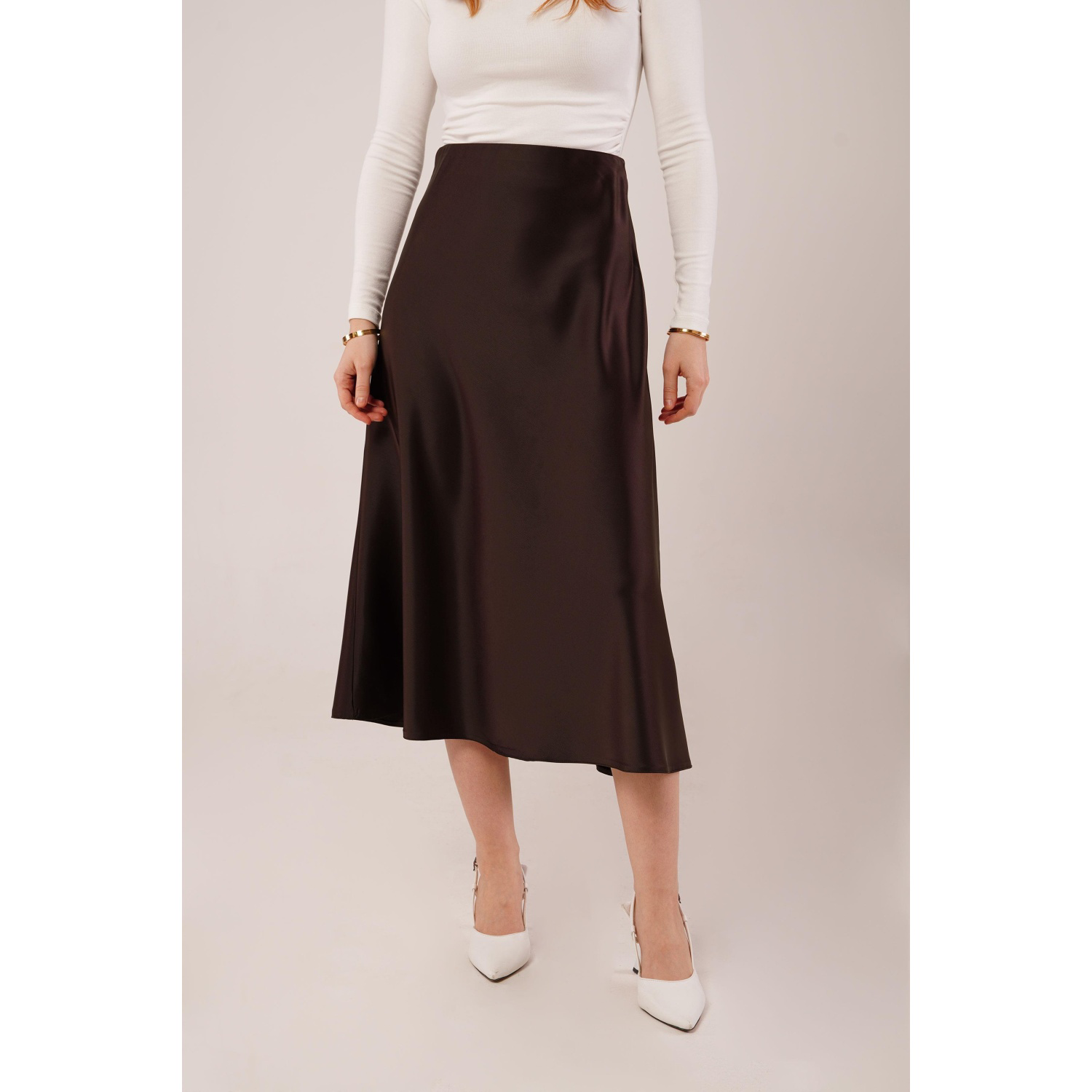 Lucky Life Kadın Çan Kesim Midi Kahverengi Saten Etek