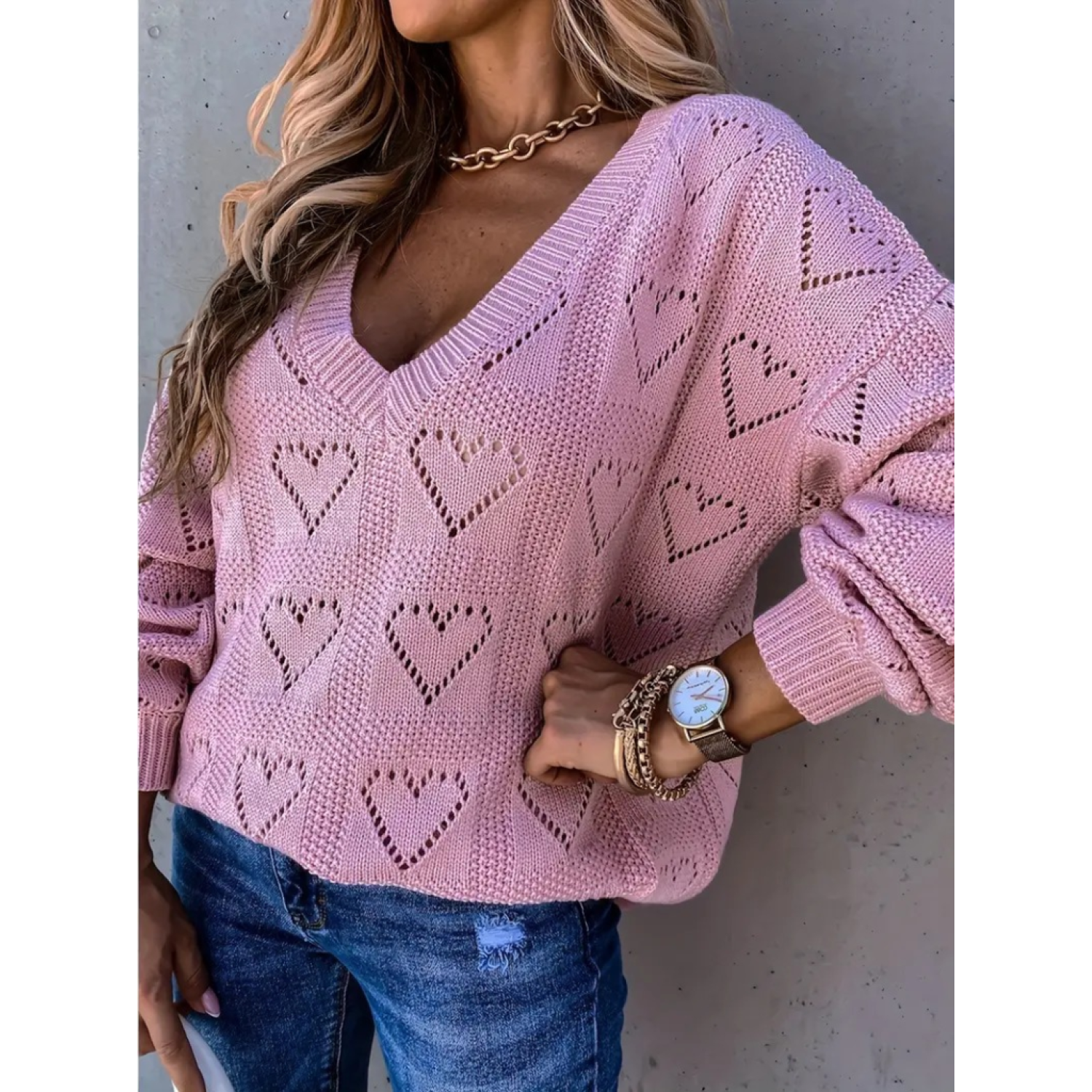 Lucky Life Kadın Uzun Kollu V Yakalı Kalpli Salaş Triko Bluz