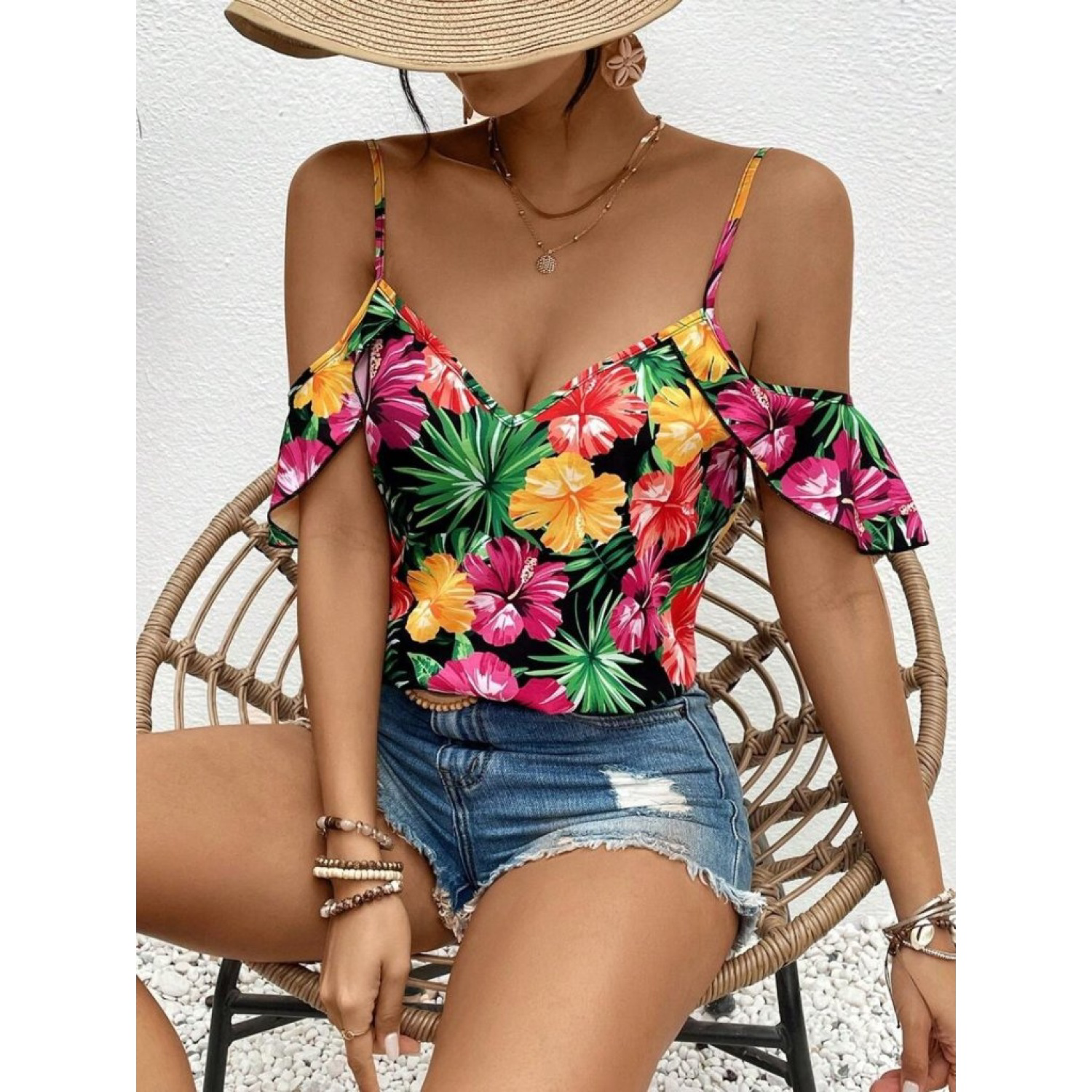 Lucky Life Kadın Askılı Omuzlardan Açık çiçek Baskılı Bluz