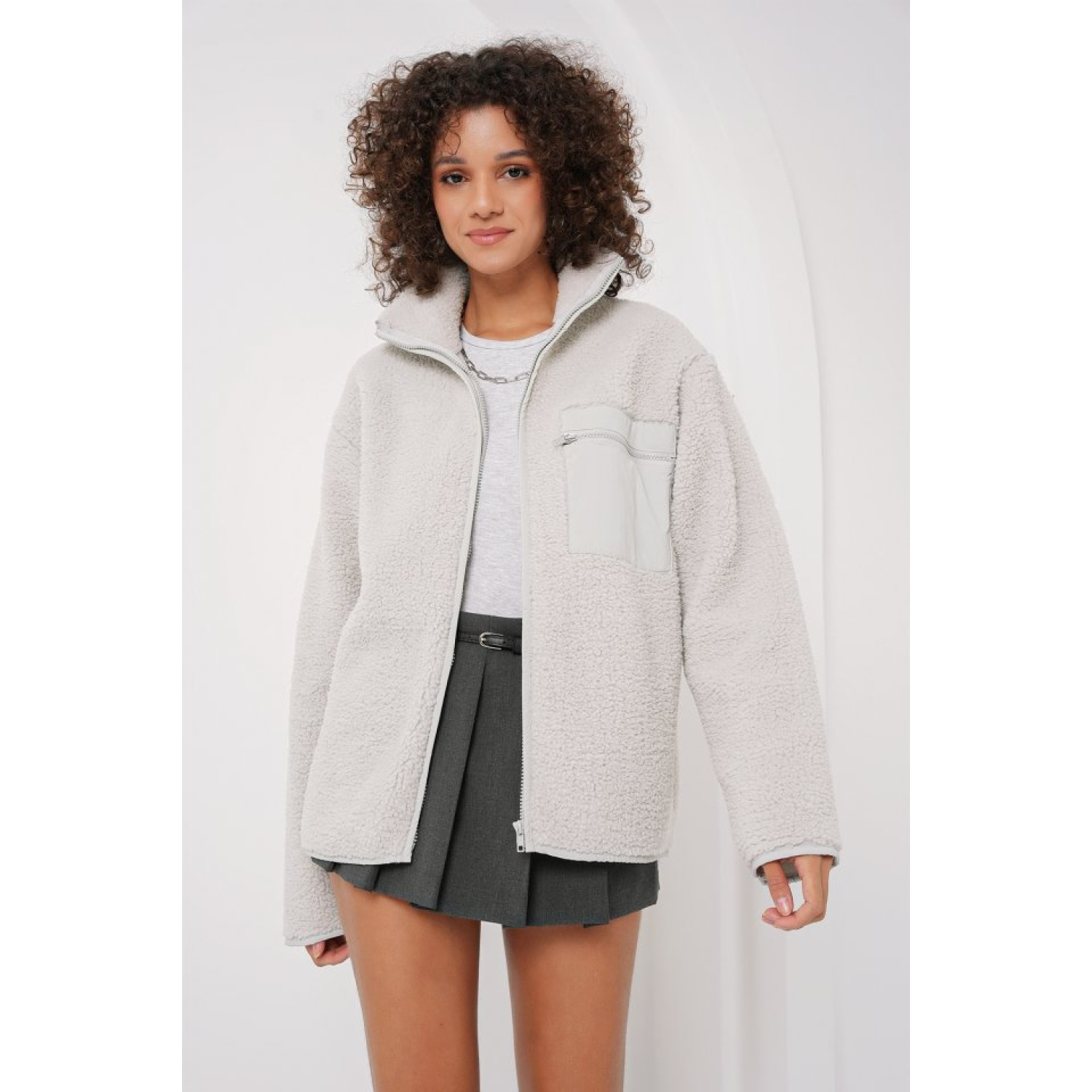 Lucky Life Kadın Fermuarlı Oversize Peluş Ceket - Taş