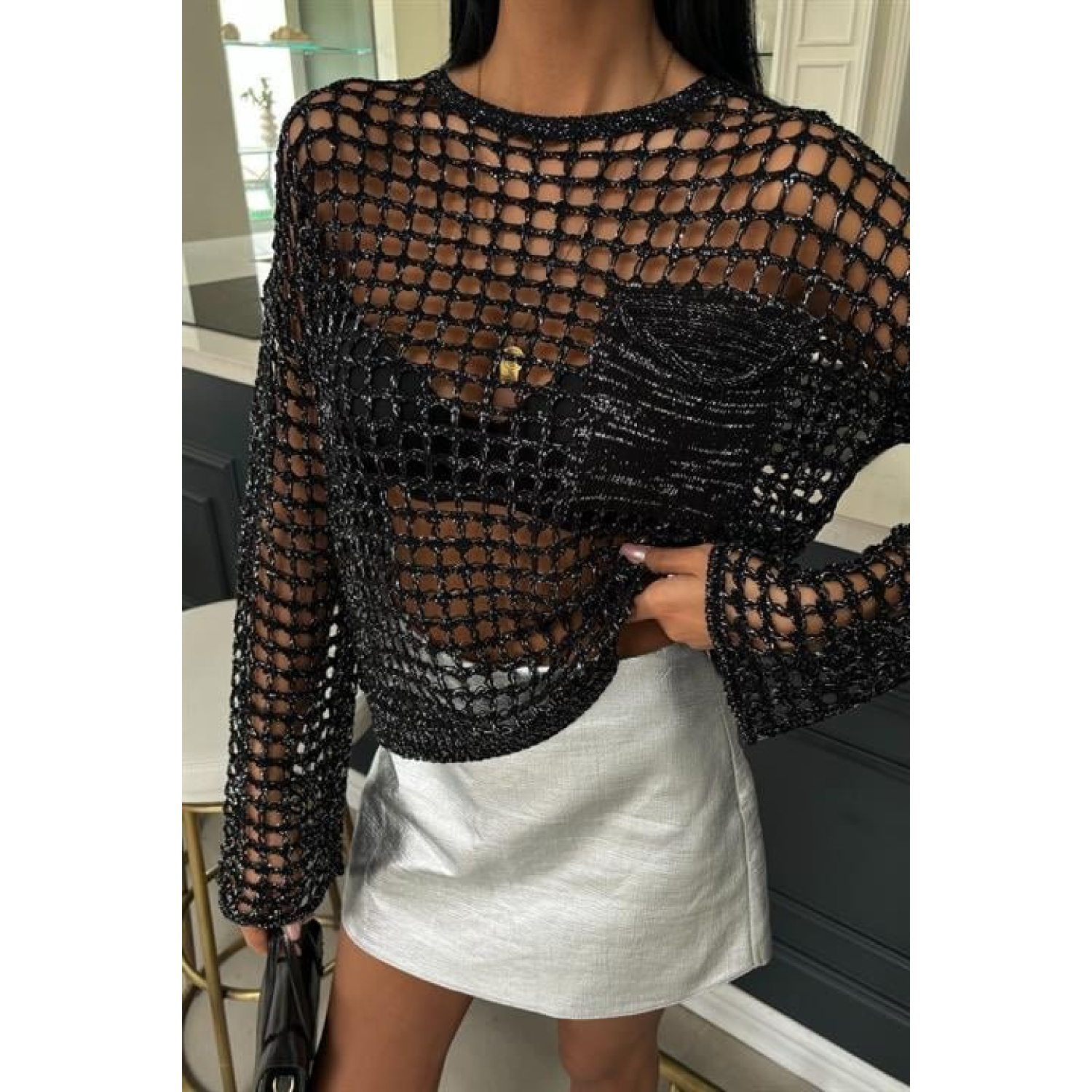 Lucky Life Kadın Cep Detay Simli Ajurlu Triko Bluz