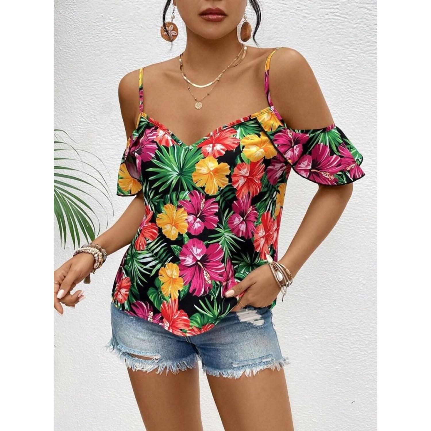 Lucky Life Kadın Askılı Omuzlardan Açık çiçek Baskılı Bluz