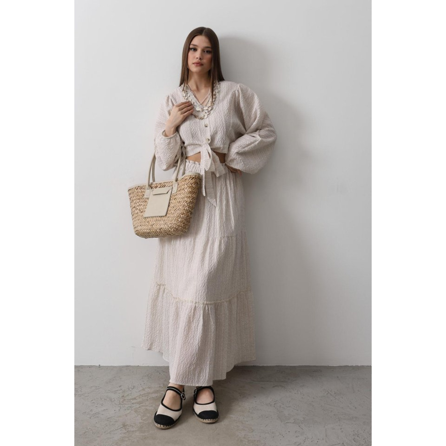 Lucky Life Kadın Balon Kollu Etekli Kaş Takım - Natür