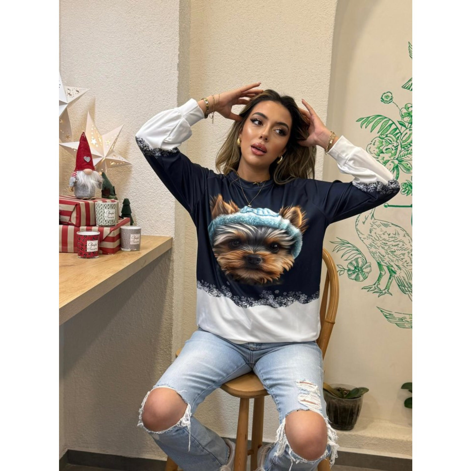 Lucky Life Kadın Uzun Kollu Bisiklet Yaka Köpek Baskılı şardonlu 