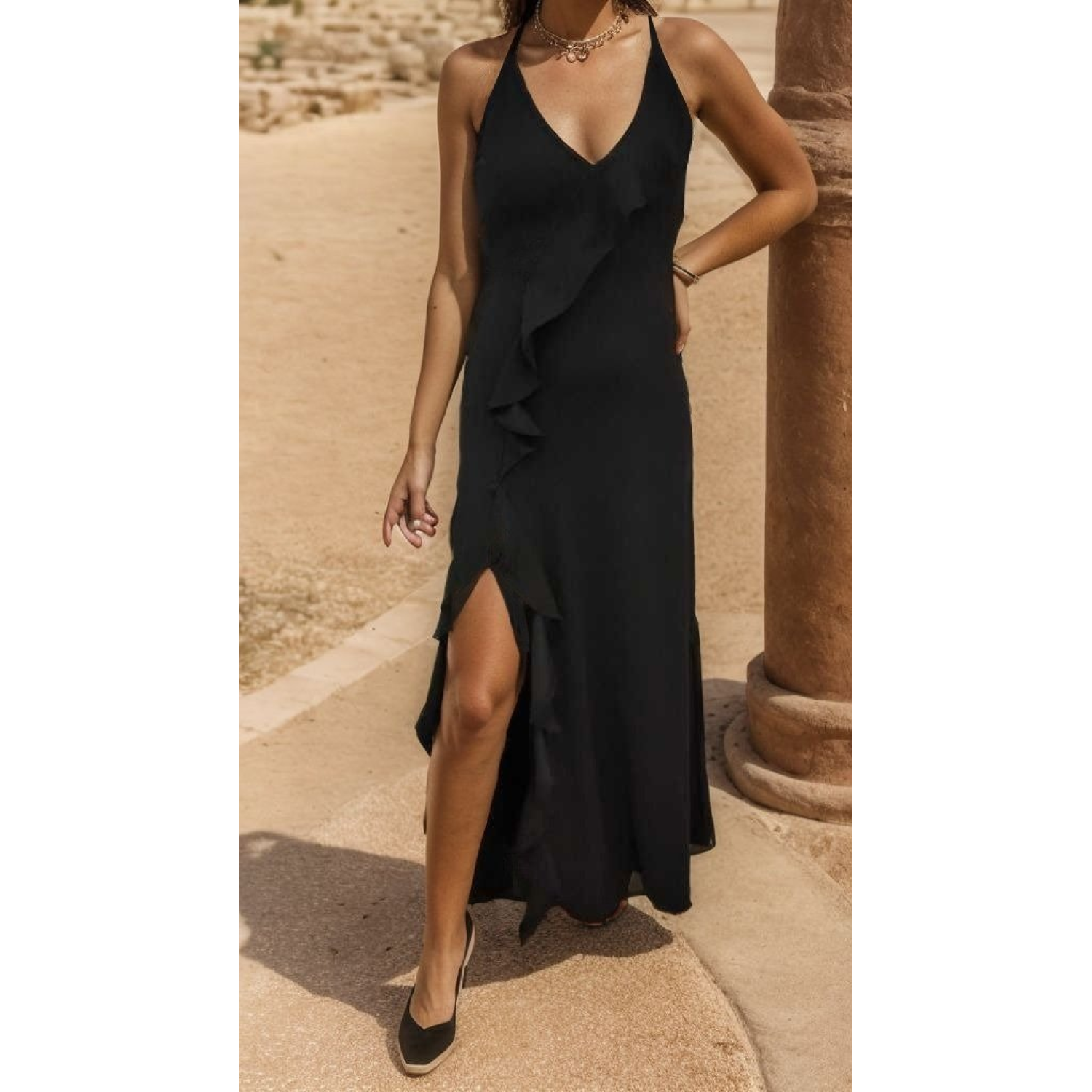 Lucky Life Kadın Ip Askılı Dekolteli Yırtmaç Detay Krep Elbise