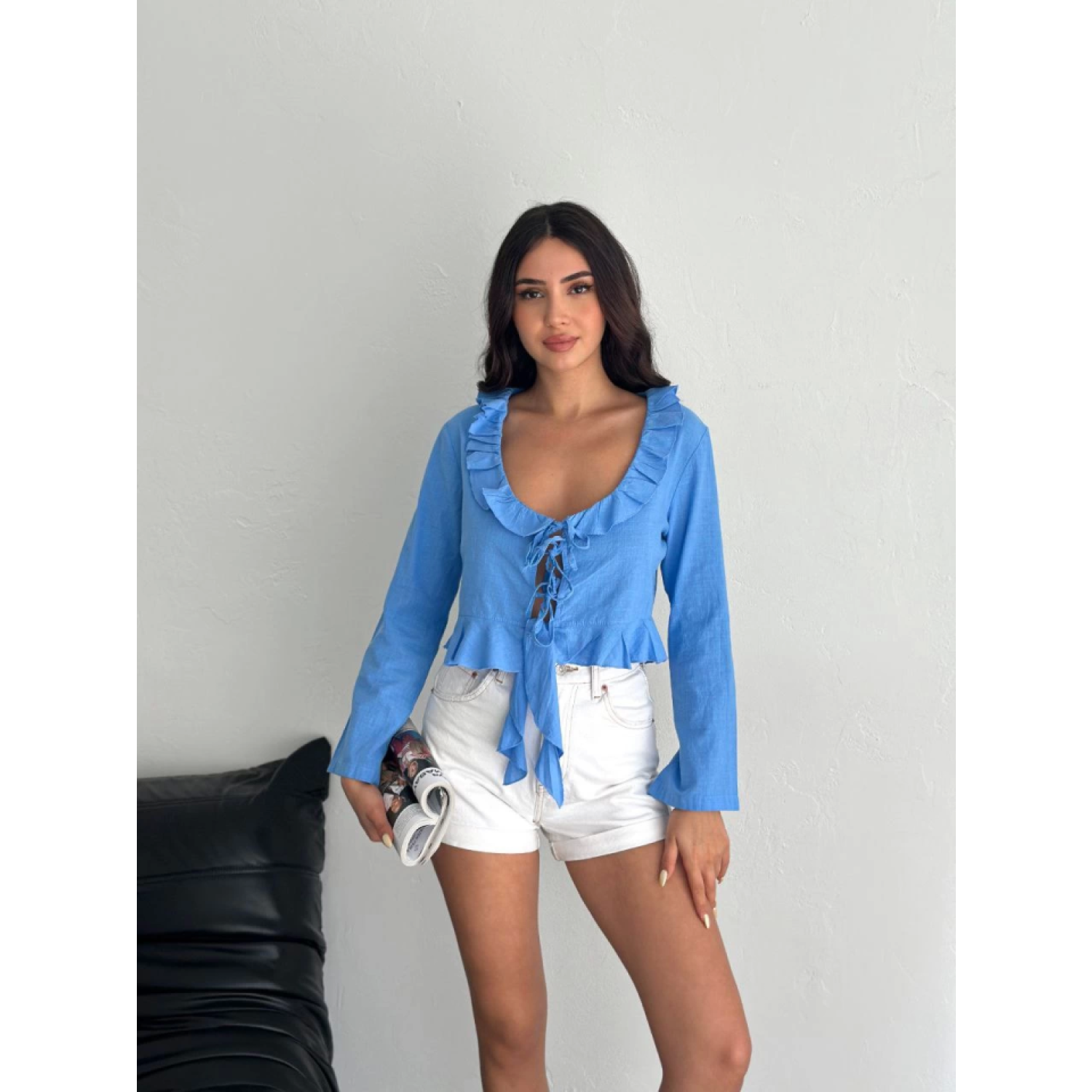 Lucky Life Kadın Keten Uzun Kol Bağacık Detaylı Bluz - Mavi